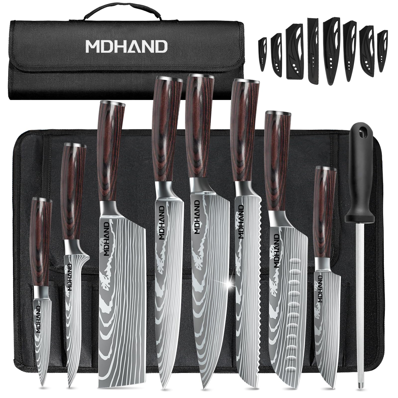 MDHAND Set di 8 coltelli professionali con custodia, affilati e ergonomici in legno di Pakka per casa e ristorante