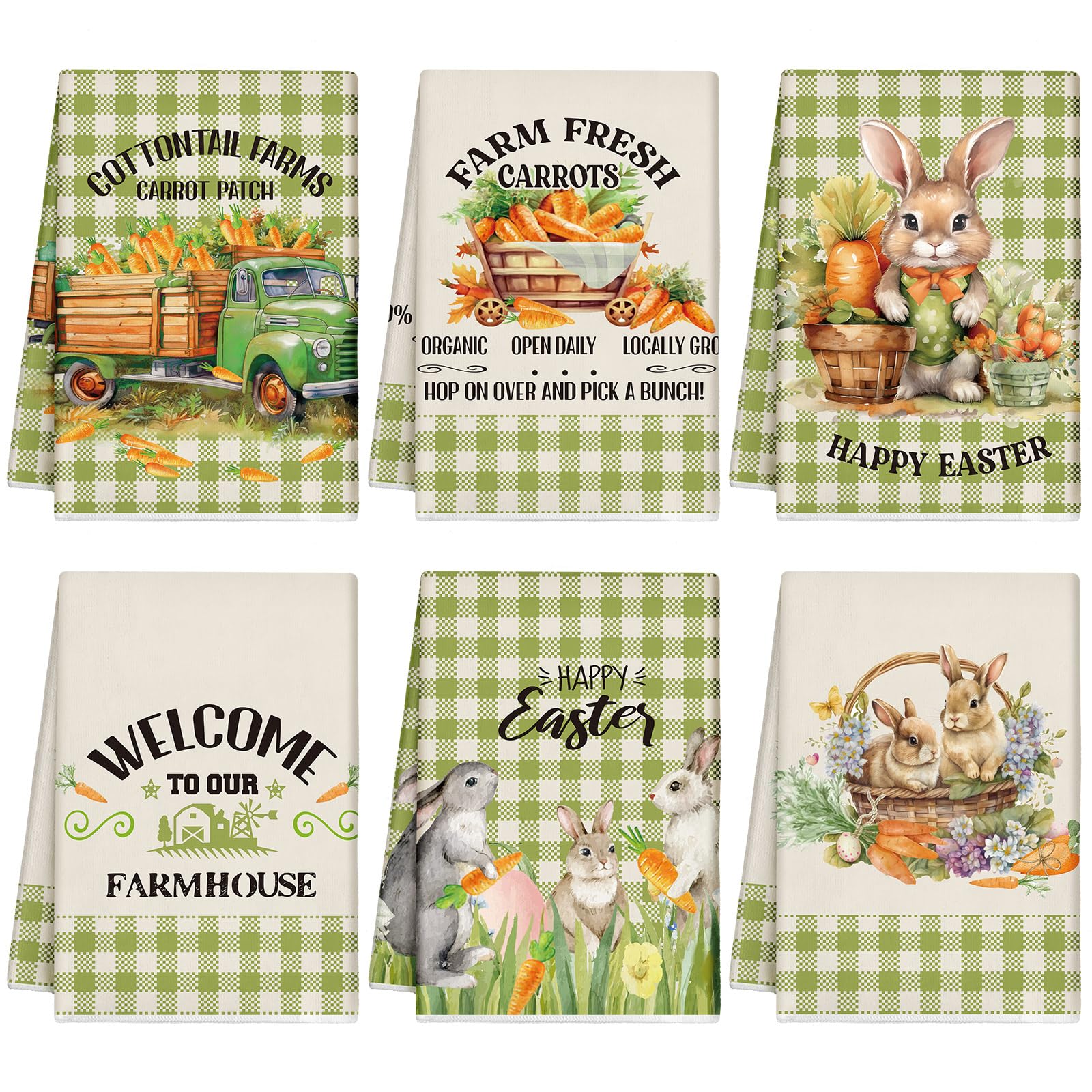 Mixweer6 Pcs Easter Kitchen Towels Bunny Truck Carrot Easter Dish Towels for Bathroom Absorbent Tea Towel for Spring Holiday Kitchen Decor Housewarming Gifts Home Decorations, 16 x 24 Inch