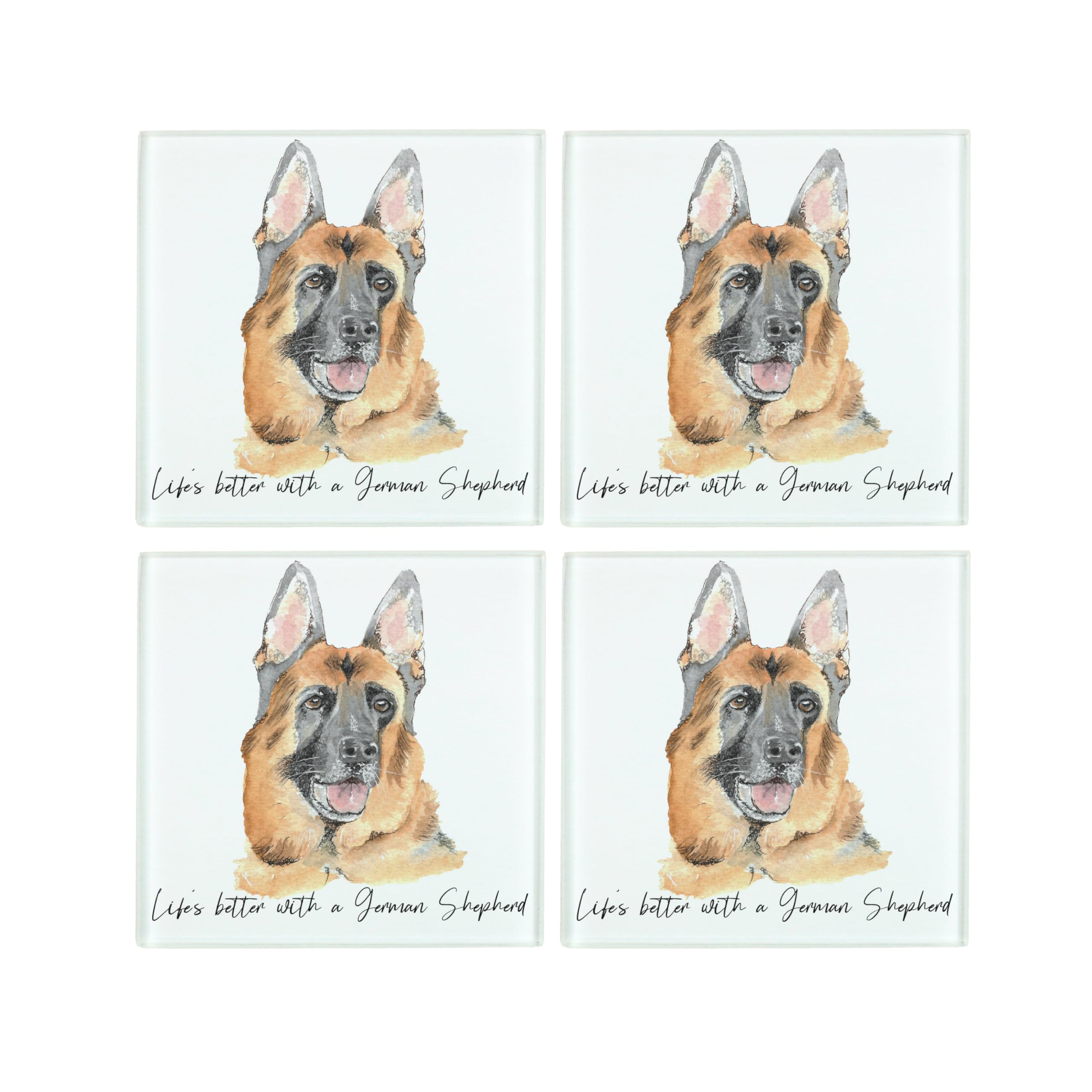 German Shepherd Coaster Set - Life's Better With a Dog Gift - Square Glass Set of Four (4) Coasters