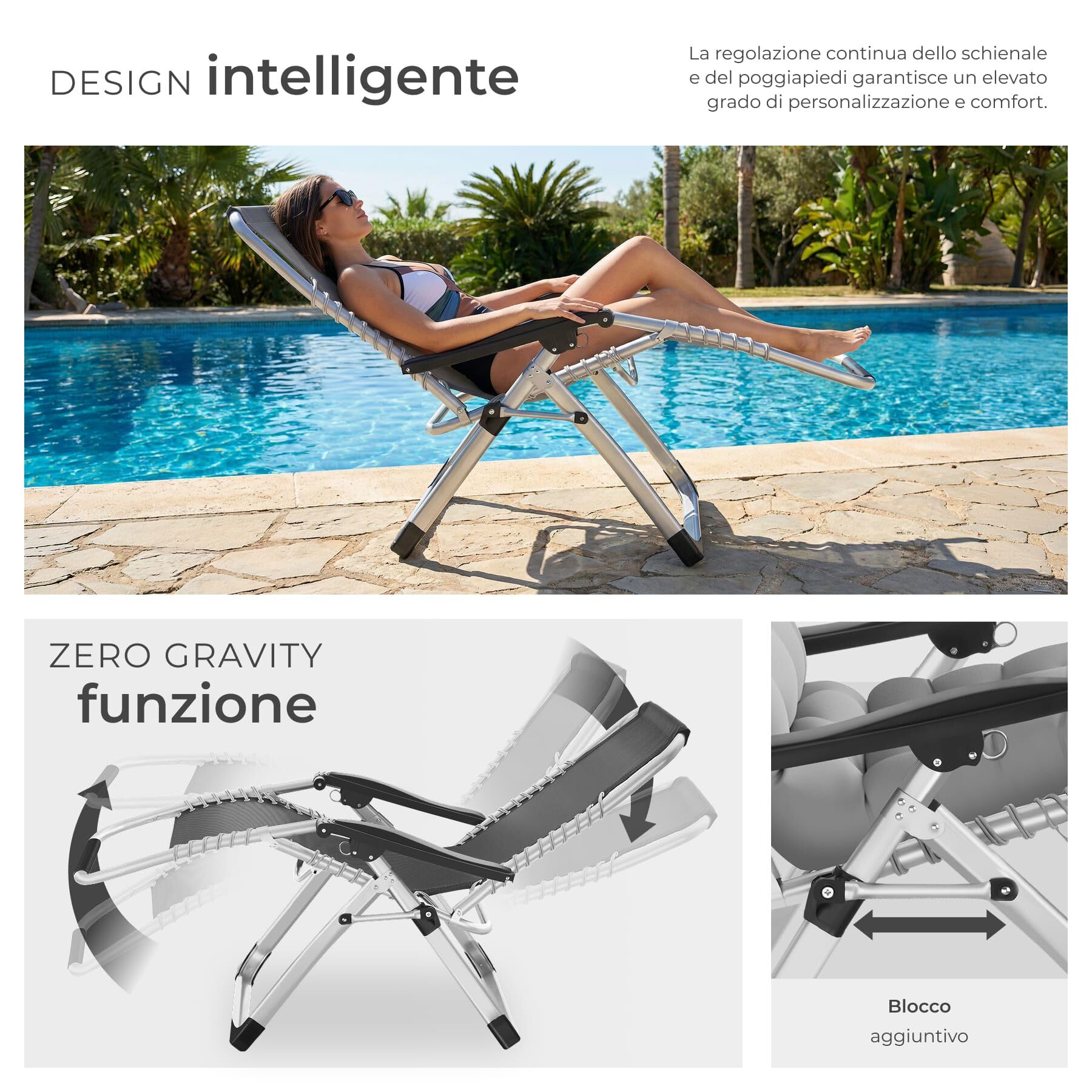 Tectake Sdraio da Giardino Lettino Prendisole Richiudibile con Cuscino Poggiatesta Grigio Chiaro