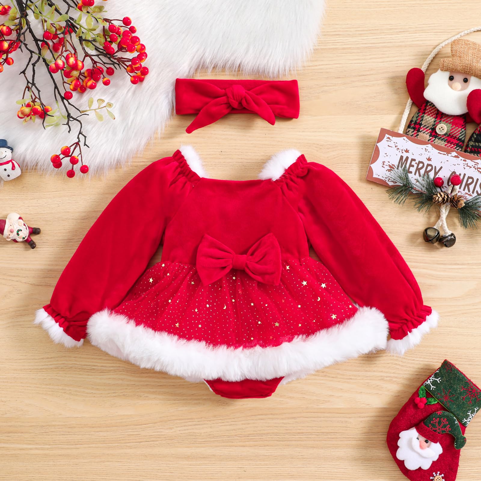 YINGISFITM My First Christmas Baby Girl Outfit Newborn Furry Santa Outfit Cute Red Christmas Dress Romper Xmas Clothes (Square Neck Dress, 6-12 Months)