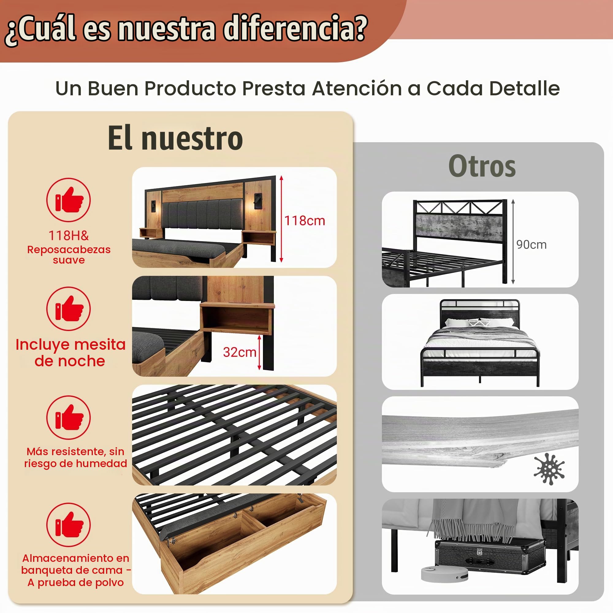 Lubvtti Cama de matrimonio acolchada de 160 x 200 cm, amplio cabecero con luz de lectura y puerto USB, con cajones, cama multifuncional de madera con banco de almacenamiento, color roble (colchón no