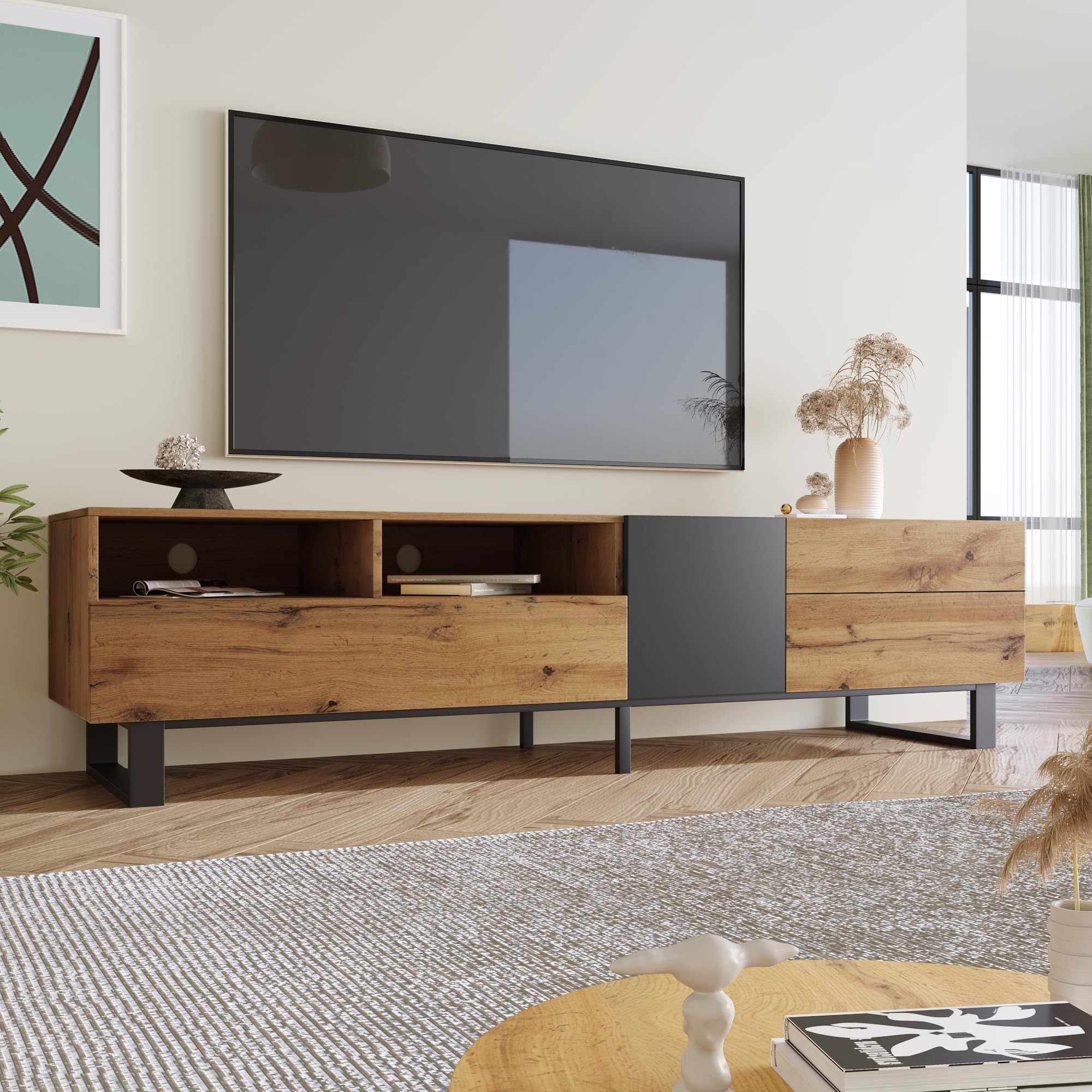 TV-Schrank mit 2 Türen und 2 Schubladen, Colorblocking TV Lowboard, Holzmaserung Fernsehtisch für Wohnzimmer, Esszimmer, Schlafzimmer, 180cm