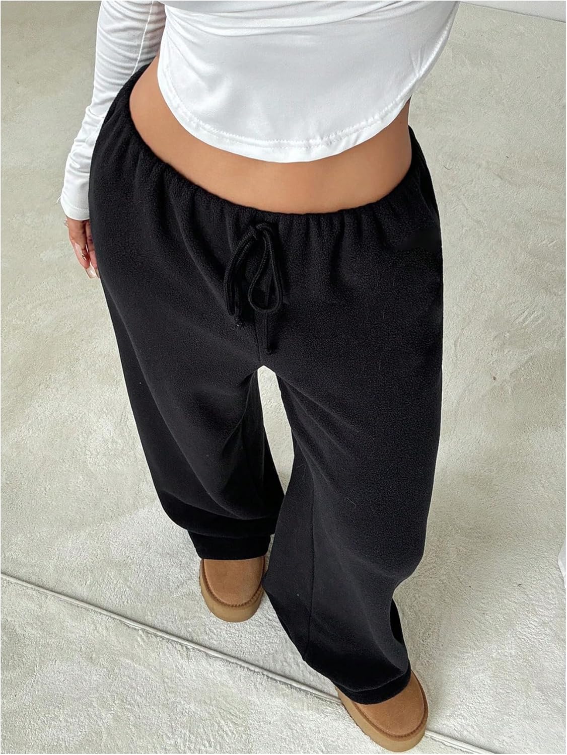 SOLY HUX Women's Baggy Pants Drawstring Elastic Waist Straight Leg Fleece Long Trousers - Image 4