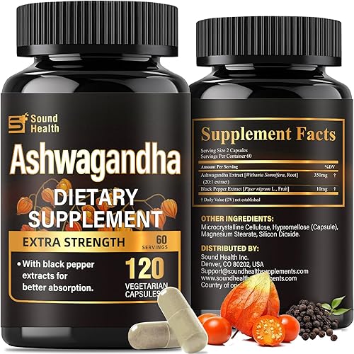 SoundHealth Suplemento orgánico de cápsulas de Ashwagandha – 7000 mg equivalente a hierbas en polvo, apoyo inmunológico, equilibrio hormonal –