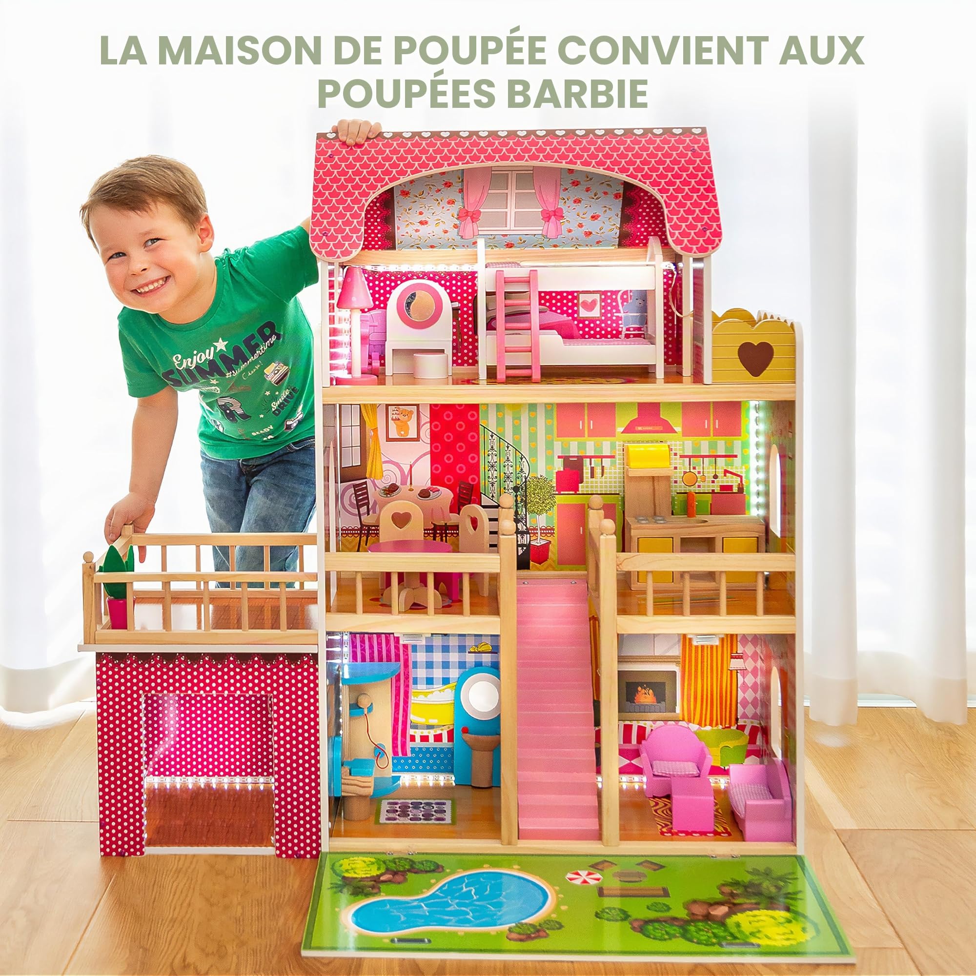 Green Series Kinderplay Maison de Poupée en Bois - Grande Maison de Poupée XXL pour Enfants dès 3 Ans | Maison Bois Idéal pour Filles et Garçons 3 Étages, Lumières LED Accessoires Inclus Maison Poupee