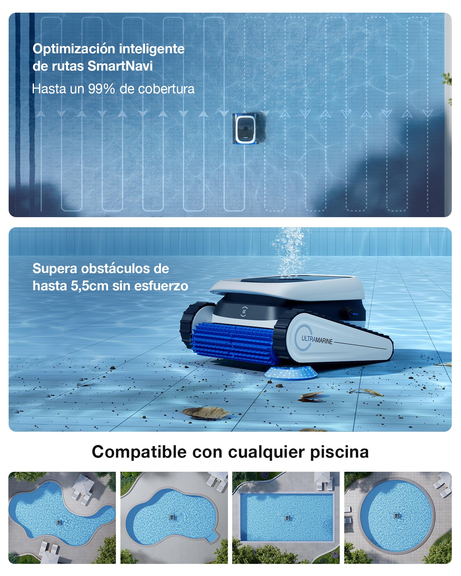 ECOVACS Ultramarine P1 Robot Piscina, Batería de 180min, hasta 180m², Succión UltraPure de 4800 GPH, Control por App., Filtro de Doble Capa, Navegación SmartNavi
