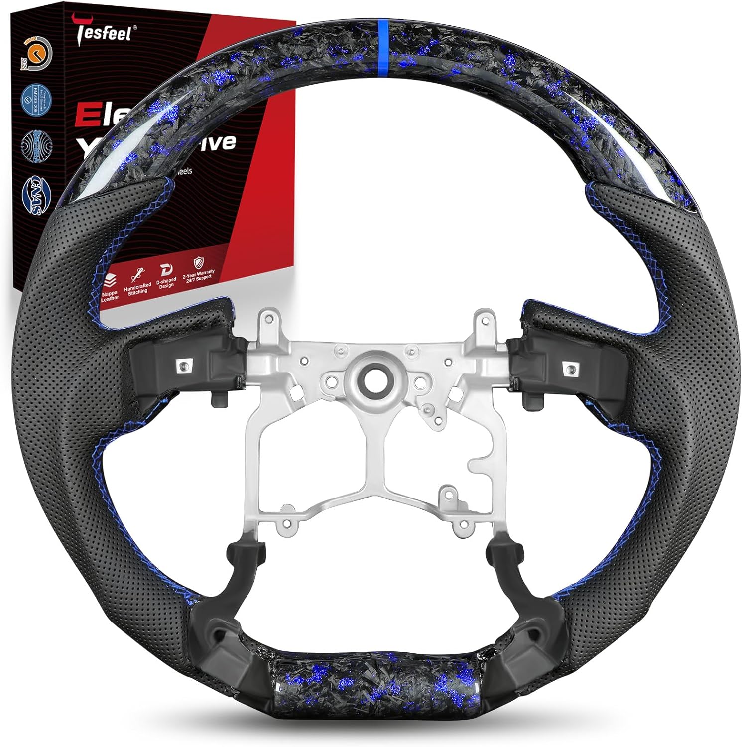 Full Black Leather Steering Wheel Frame compatible with Toyota Tacoma (2012-2023), for 4Runner (2010-2024), for Tundra (2014-2021), for Land Cruiser Prado LC150 - Hand-Stitched, Thicker Grip