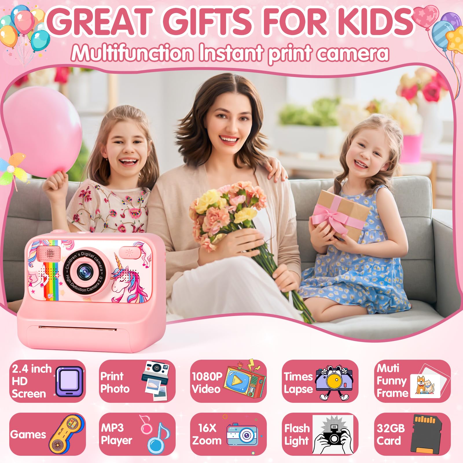 Macchina Fotografica Bambini Istantanea, 2.4" 1080P Fotocamera Bambini con 32 GB Schede e Carta da Stampa, Macchina Fotografica Bambino, 180 °Flip Len,Regali per Ragazzi Ragazze da 3-12 Anni