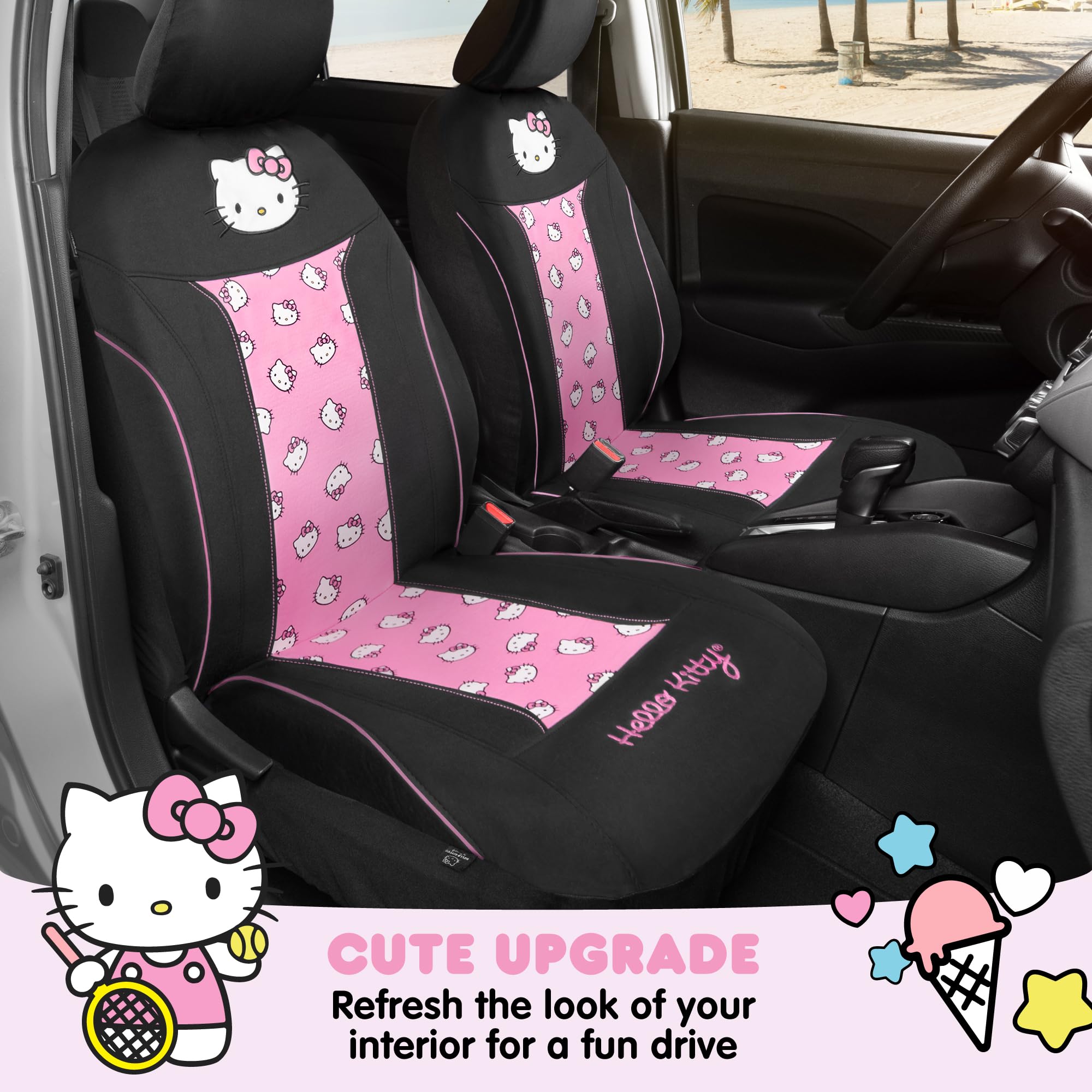Carbella Cinnamoroll Car Seat Covers, Car Floor Mats, Steering Wheel Cover, Windshield Sun Shade for Car Gift Pack Car Air Freshener Black and Blue Hello Kitty Car Accessories for Women 9pc Combo: Covers & Carpet Mats-Red Hello Kitty