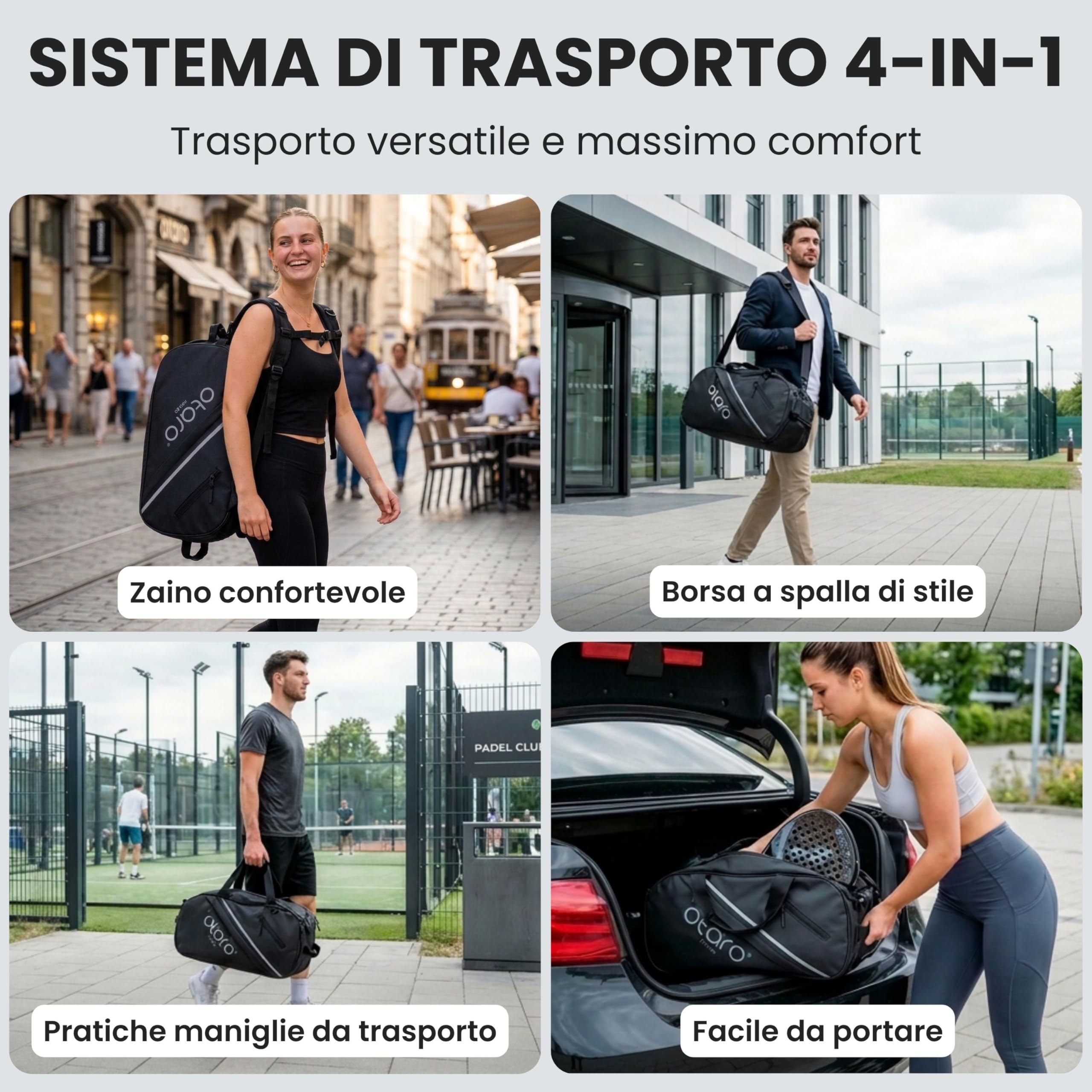 Otaro Borsa Padel 60L | Zaino con porta scarpe, vano termico e laptop | Custodia racchetta padel per 2 racchette, vestiti e accessori | Sistema di trasporto 4 in 1 | Borsa padel uomo e donna (Nero)