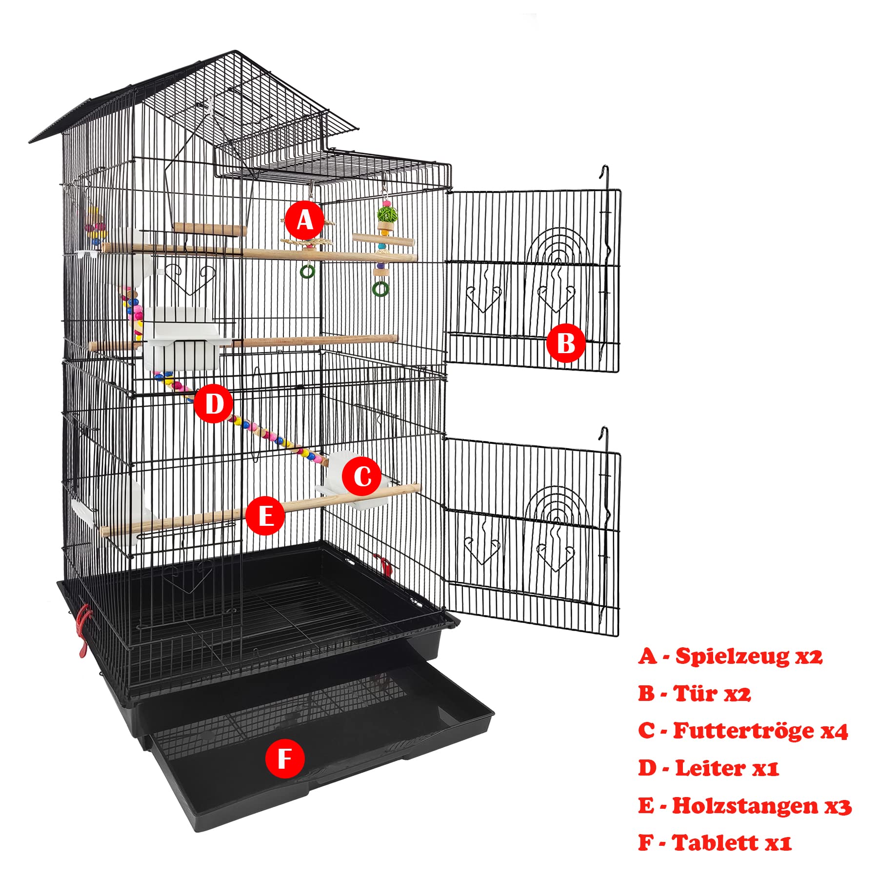 Froadp Pajarera para pájaros, jaula grande para periquitos, de metal, con barra de madera, comedero, columpio y juguetes, jaula de animales para loros, palomas, periquitos, pinzones (tipo A)