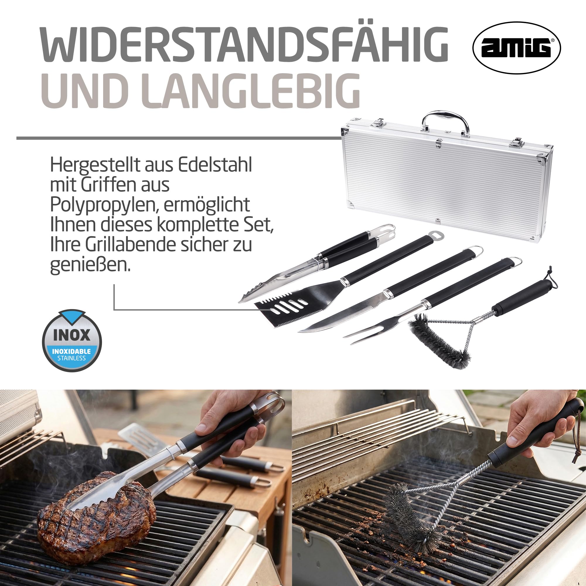 Amig - 5-teiliges Grillzubehör-Set - Edelstahl - Komplettes Utensilien-Set mit Tasche - Praktisches Zubehör und ansprechende Präsentation als Geschenk - Mod. AM01