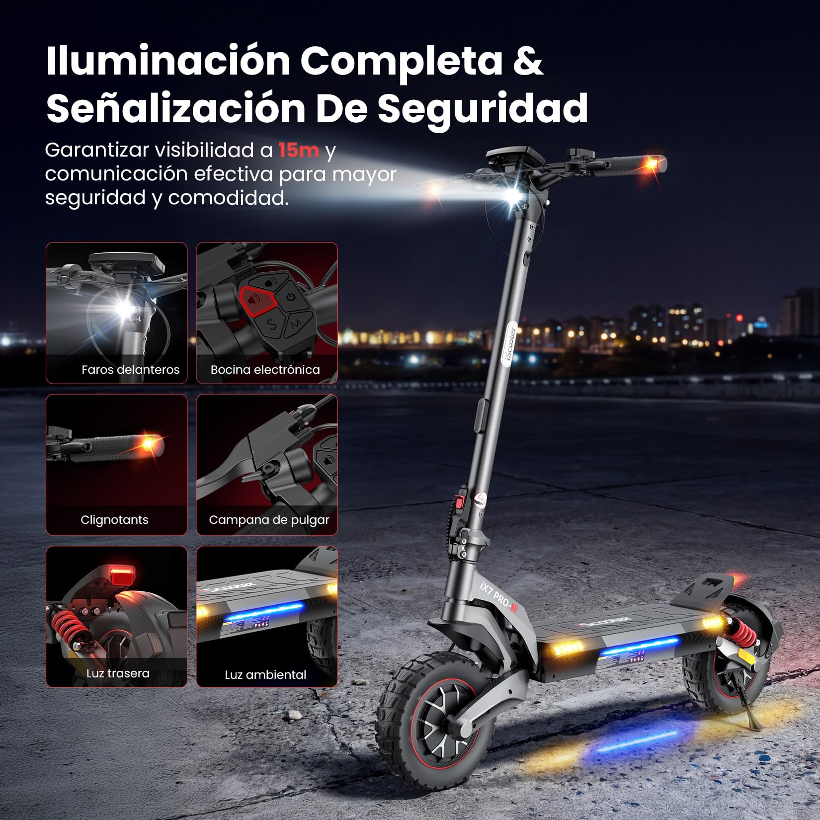 iScooter Patinete eléctrico Todoterreno iX7Pro, 500W*2 Doble Motor, Homologado DGT, 15AH Batería, Autonomía 55-60KM, Cerradura Electrónica, Smart App, Carga 150 kg, 4 Modos de Velocidad 10"