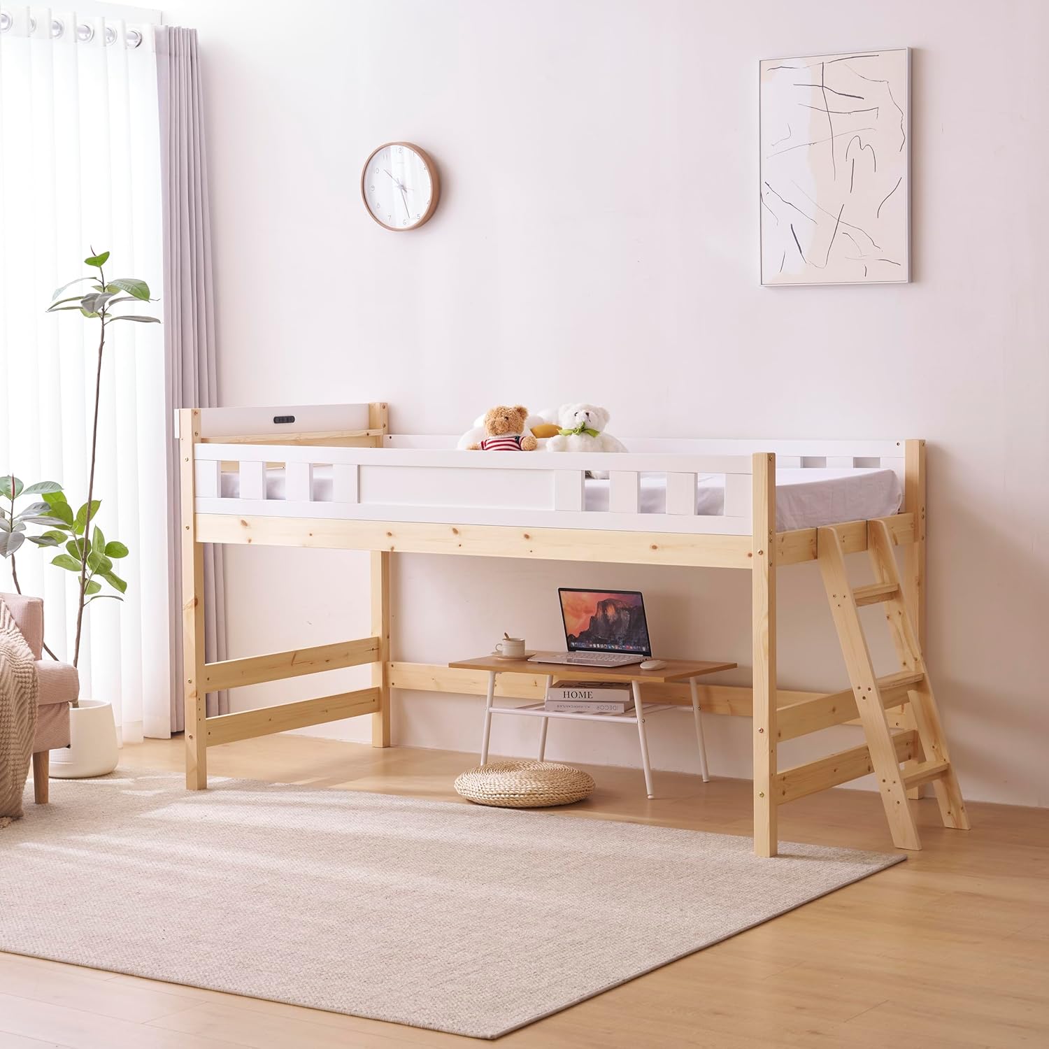 ロフトベッド頑丈ロータイプ階段付き天然木コンセント付きシングル宮