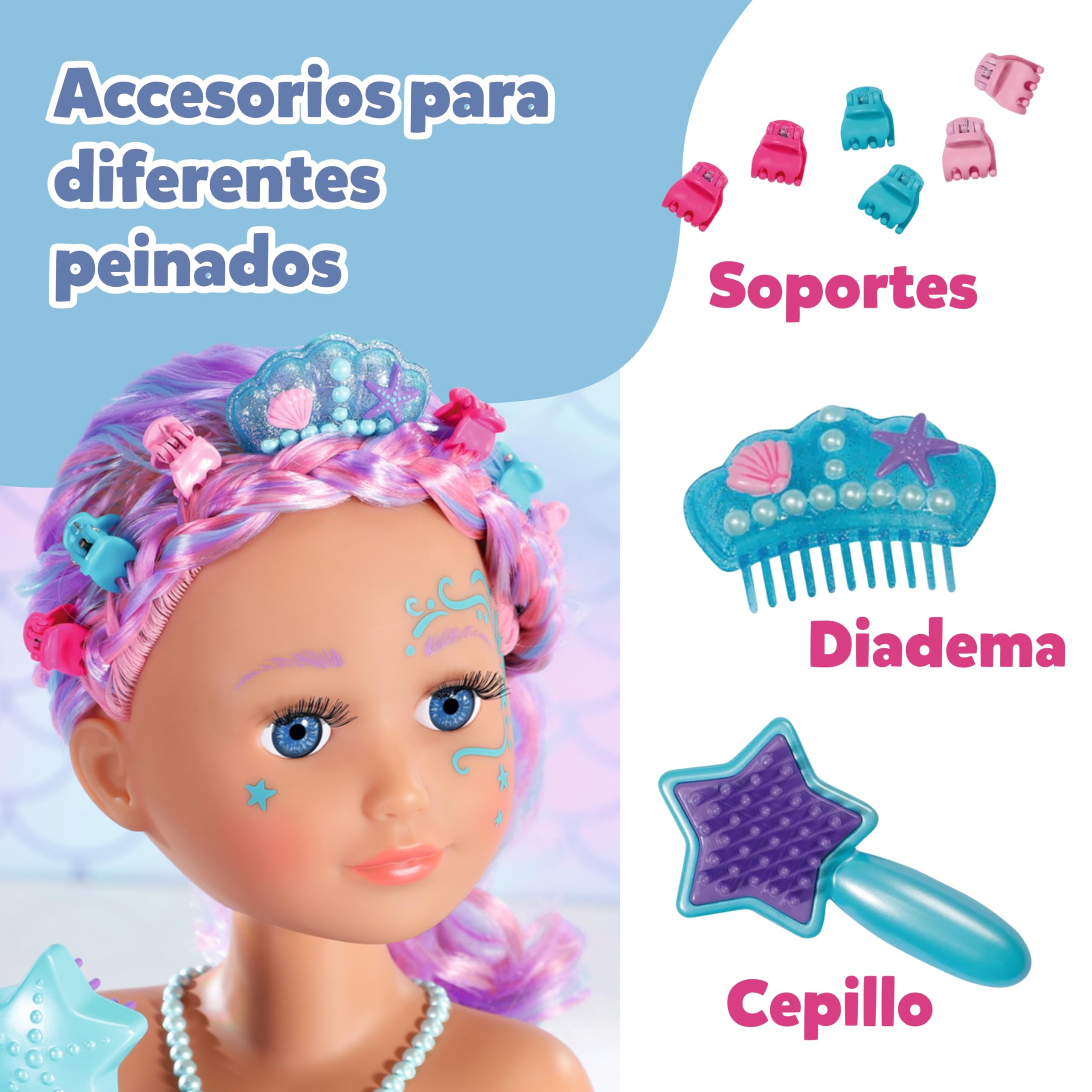 Baby Born Cabeza de Sirena – Cabeza giratoria con función de Agua, Apta para la bañera - Incluye Cepillo, Diadema y Accesorios - Desde 3 años