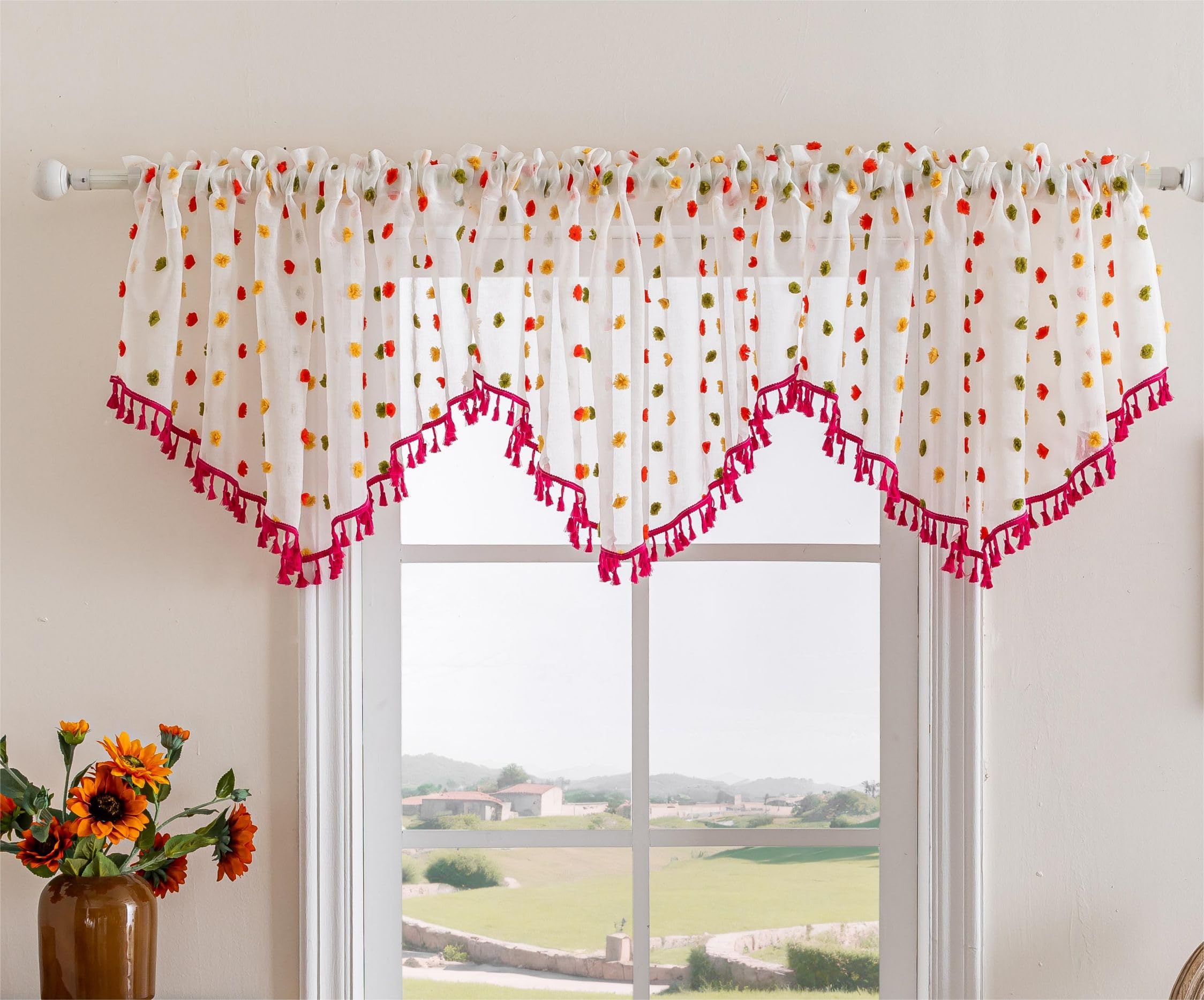 Visillo con pompones rojo de 60x140 cm: cortina jacquard para ventanas