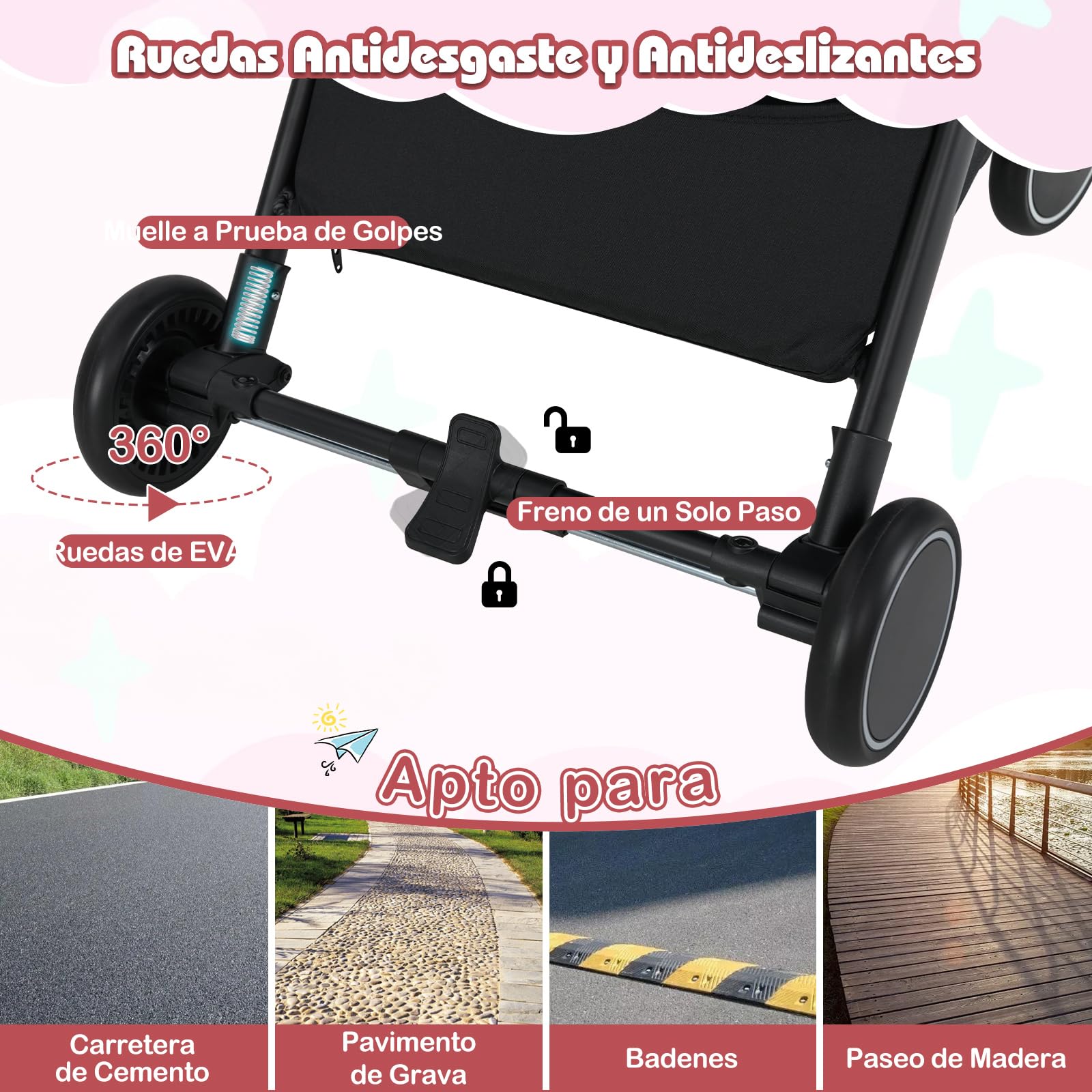GOPLUS Cochecito Plegable para Niños, Cochecito con Respaldo Reclinado, Diseño Portátil y Compacto, con Estructura Metálica y Freno de Pie, para Niños Pequeños de 0-3 Años (Rosa)
