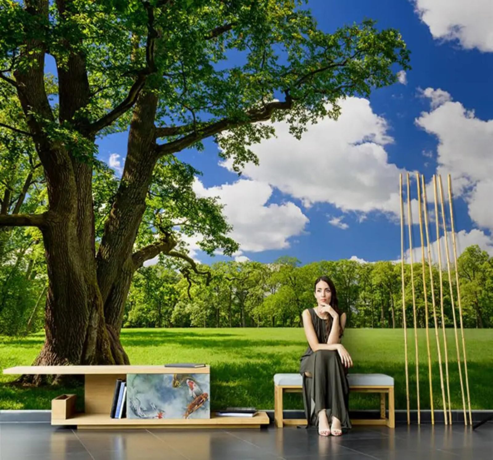 Xlming 200Cm×140Cm(B×H) Blue Sky White Clouds Green Forest Grassland 3D Wallpaper Premium Textured Silk Study Dining Living Room Bedroom Sofa Tv Wall Easy Install-200Cm×140Cm