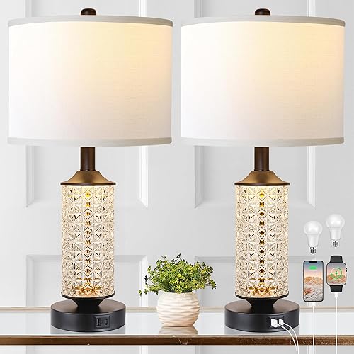 QiMH Juego de 2 lámparas de mesa, lámparas para dormitorios con luz nocturna LED, lámparas de noche con puertos de carga USB C+A, lámparas negras