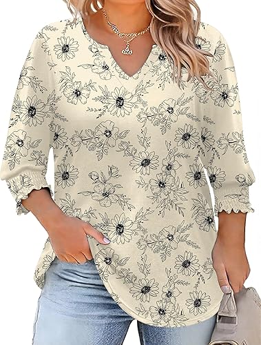 Rapbin Womens Plus Size Tops 3/4 Sleeve Blouses Shirts Casual V Neck Loose Tunic Tops 1X-5X