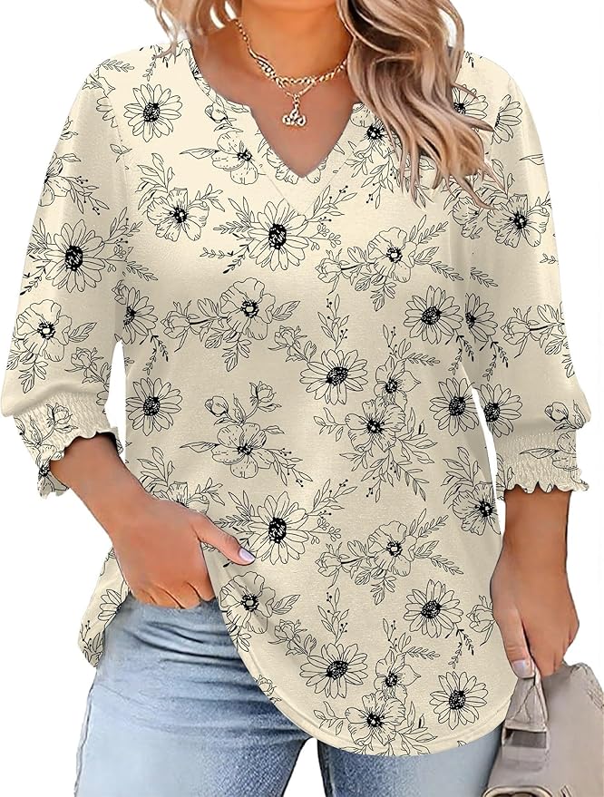 Rapbin Womens Plus Size Tops 3/4 Sleeve Blouses Shirts Casual V Neck Loose Tunic Tops 1X-5X