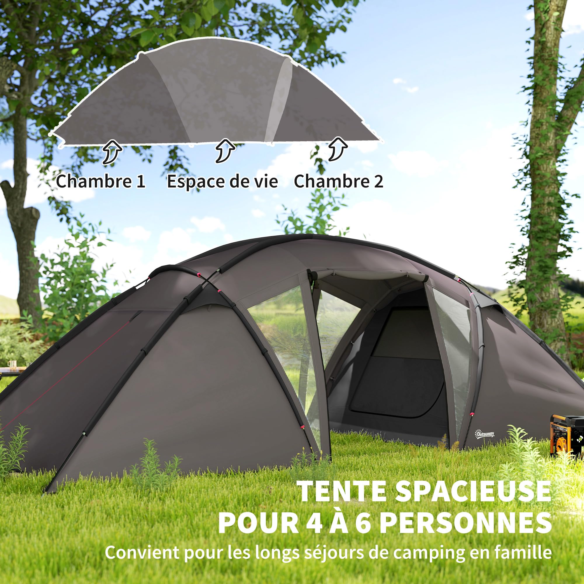 Outsunny Tente de Camping familiale pour 4-6 Personnes, Tente Tunnel imperméable 3000 mm avec 2 Portes, fenêtres, Sac de Transport, Tapis de Sol pour Camping Voyage randonnée Jardin, Noir