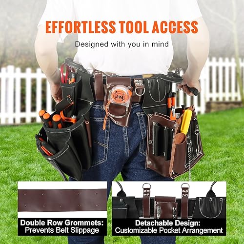 Miniatura 6 de VEVOR Cinturón de herramientas de cuero, bolsas de herramientas de enmarcar para carpintero, construcción, marcos y electricista (negromarrón)