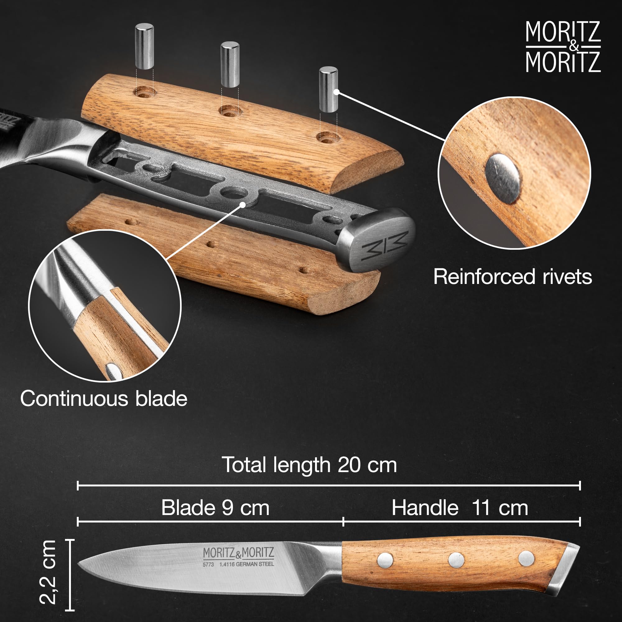 Moritz & Moritz nóż do obierania 9 cm - Mały nóż do owoców z ostrym ostrzem - Nóż do obierania do precyzyjnego cięcia - Ergonomiczna rękojeść z drewna akacjowego