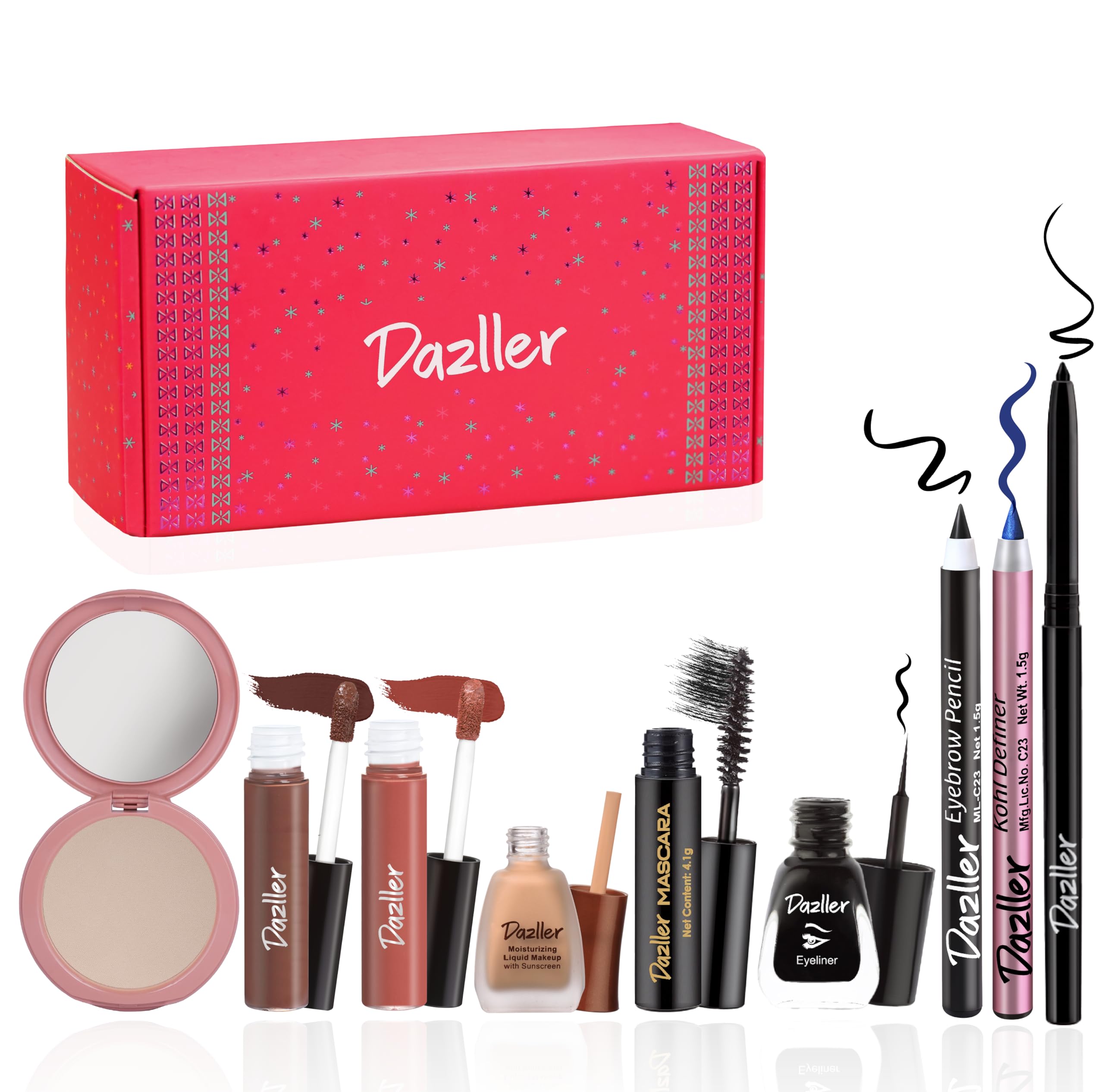 Dazller Mini Glam Kit - 8 in 1, Medium Skin Ton, Contains - Kajal & Kohl, Eyebrow Pencil, Eyeliner, Mascara, Foundation, Compact, Lipcolour (2)-image-20