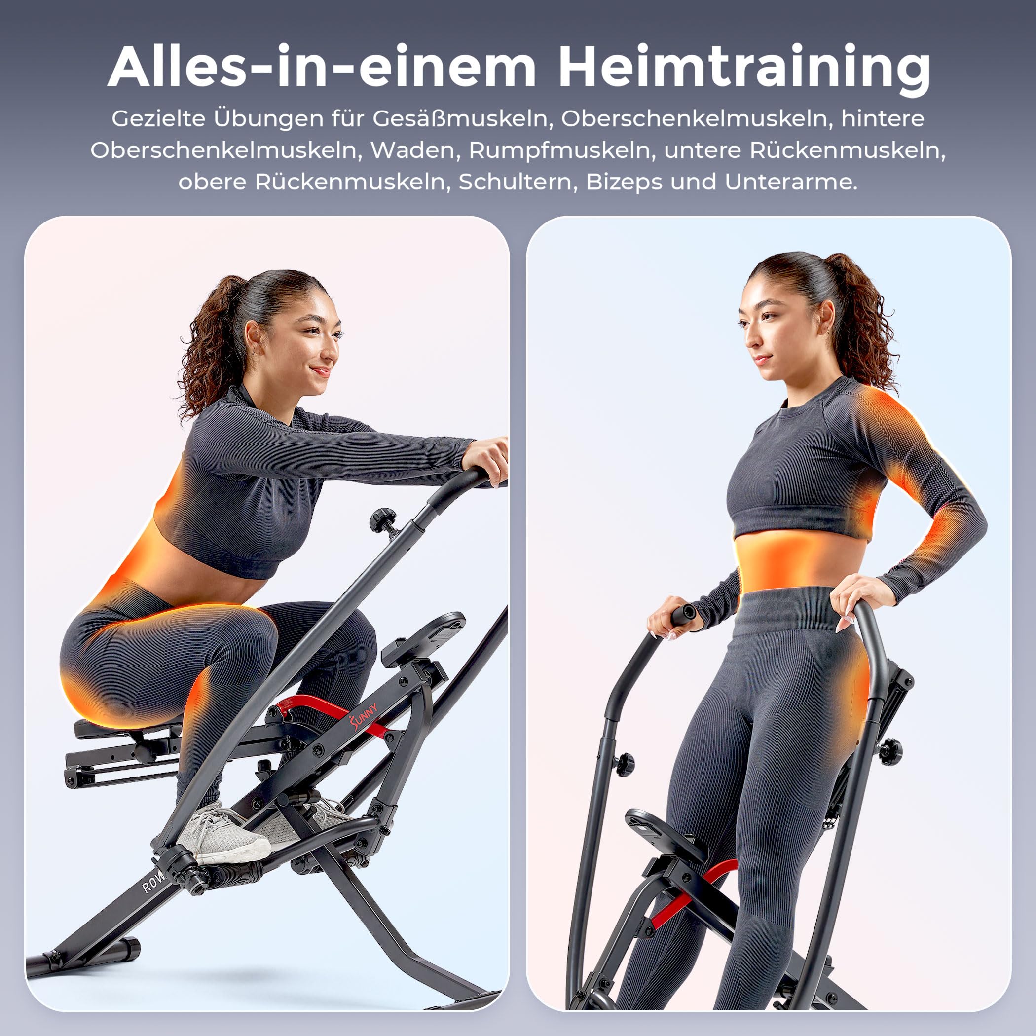 Sunny Health & Fitness Row-N-Ride Kniebeugentrainer fürs Heimtraining | 3 Kniebeugentiefen, Bis zu 135 kg Belastbarkeit, Verstellbarer Sitz/Griff, Bis zu 5 Widerstandsstufen, Ganzkörpertraining