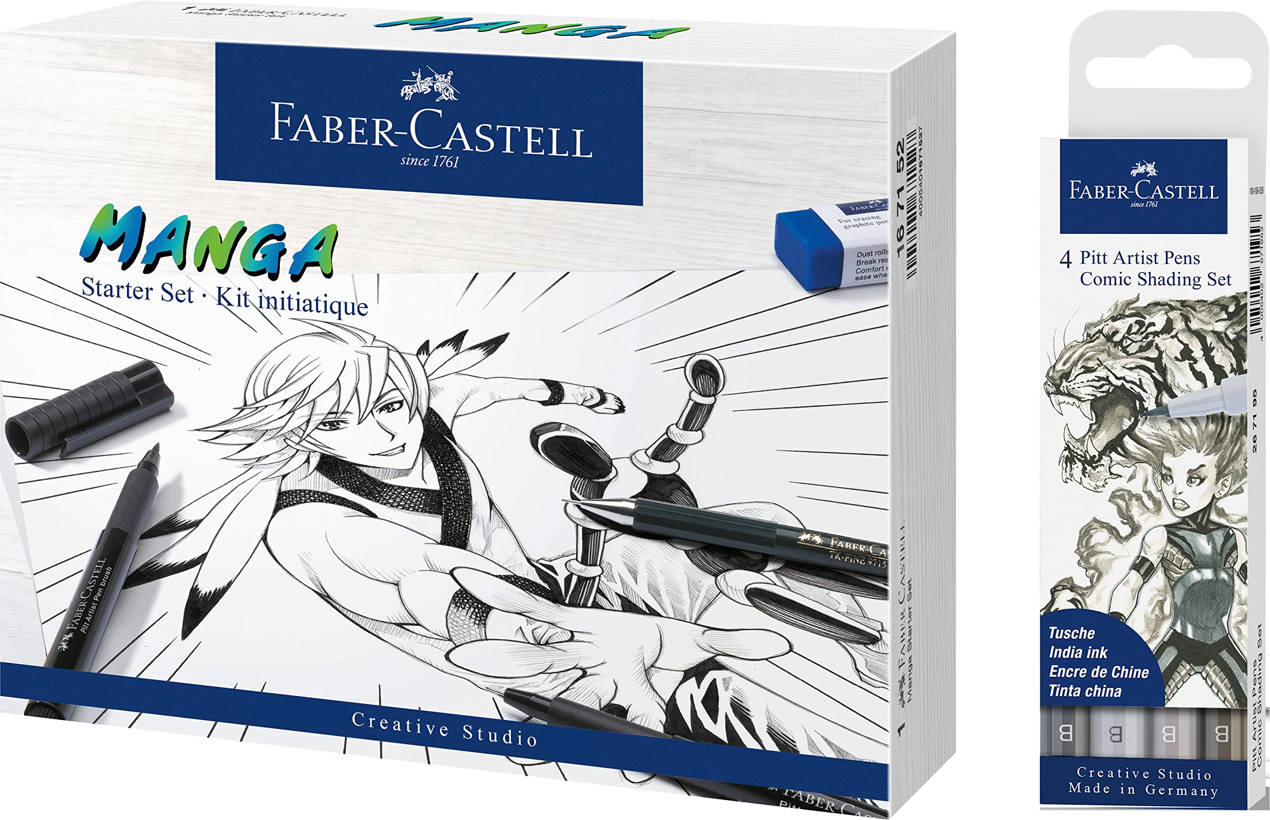 Faber-Castell Pitt Artist Pen, 167152, 3 artisti a inchiostro e accessori, 14 pezzi, kit di avvio manga, ombreggiatura fumetti con 4 diverse tonalità di grigio
