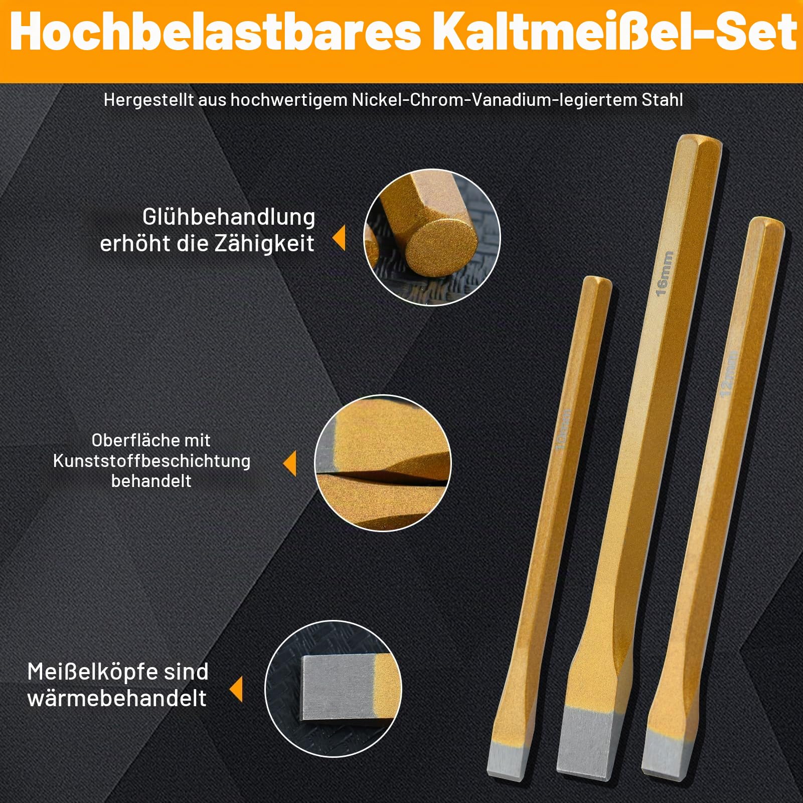 SPEEDWOX 3-teiliges Heavy Duty Kaltmeißel-Set, 3/8 Zoll, 1/2 Zoll, 5/8 Zoll, Metall, Burel-Set, Cold Steel Rock, Burel wird in einer aufrollbaren Aufbewahrungstasche zum Schneiden von Nieten und