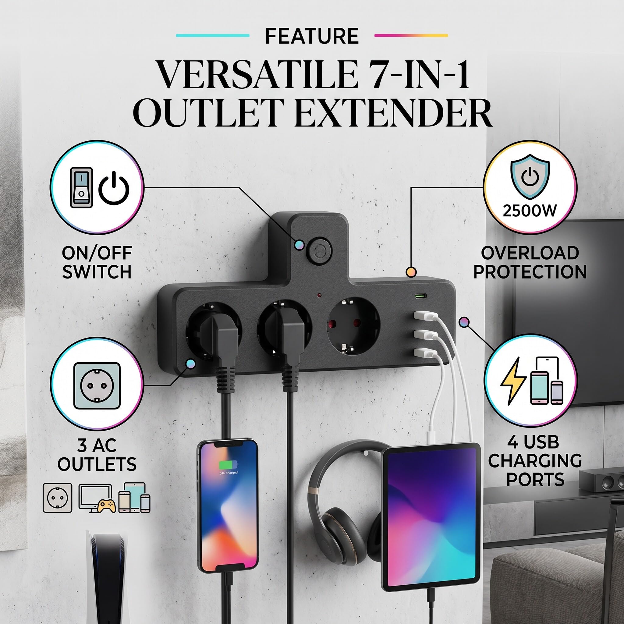 Extlet Extender, 3 Punkty Sieciowe 3 Porty USB 1 Typ C Port Multi Funkcjonalny Pasek Zasilający z Przełącznikiem, do Domu w Pokoju Domowym RV RV