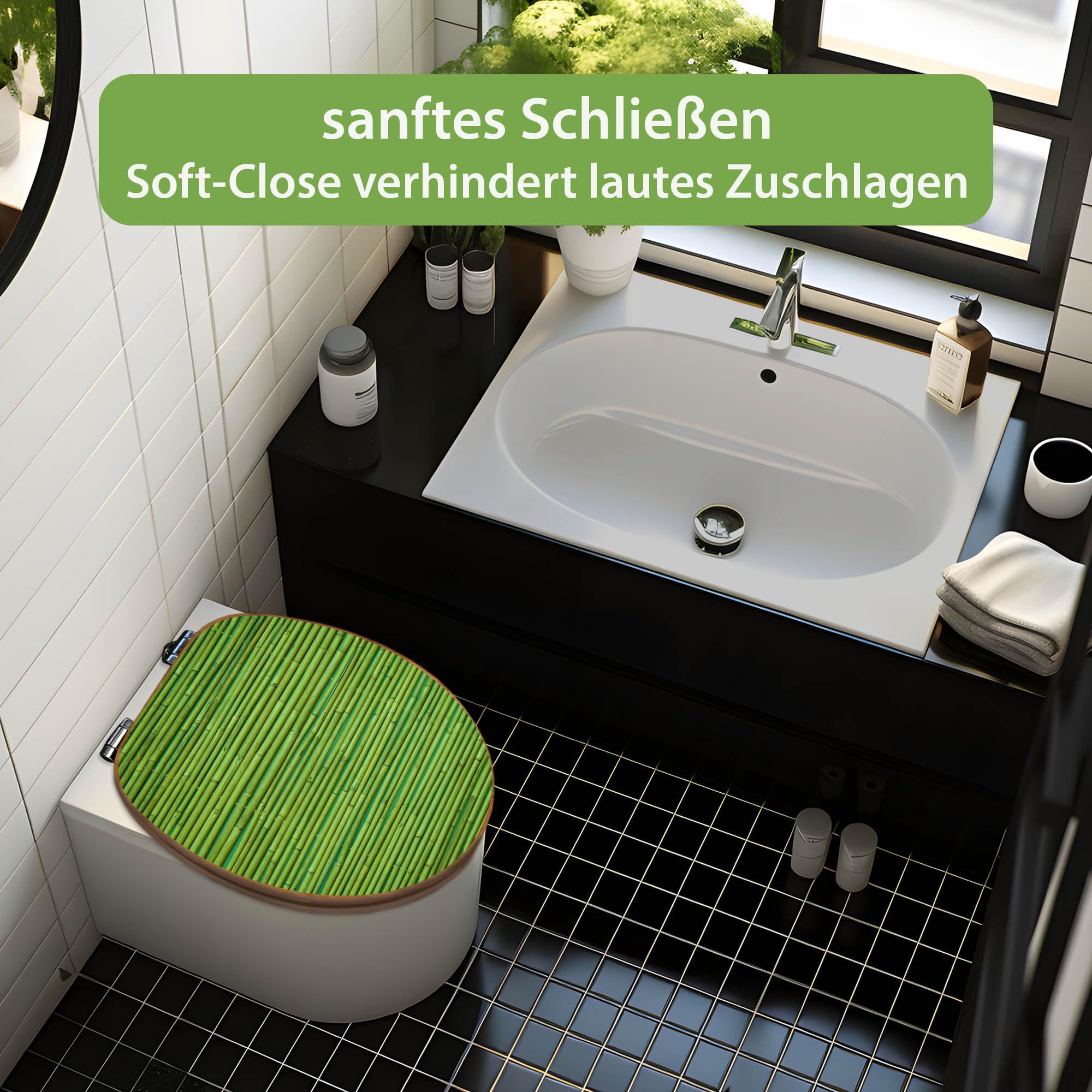 banjado Design WC Sitz Bambus Absenkautomatik 45,8x37,5cm - Toilettendeckel mit Absenkautomatik Holz - hochwertiger Bambus Klodeckel - WC-Sitz für gängigen Toiletten - Motiv Bambus Grün