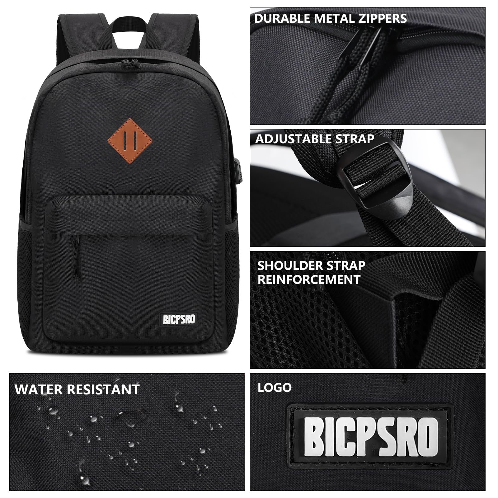 Lightweight Black Backpack for Men Women, School Backpack for Boys Girls Teens,Backpacks for school, Daily Use back pack with USB Charger, College High School Bookbag for Student Notebook Book Bag