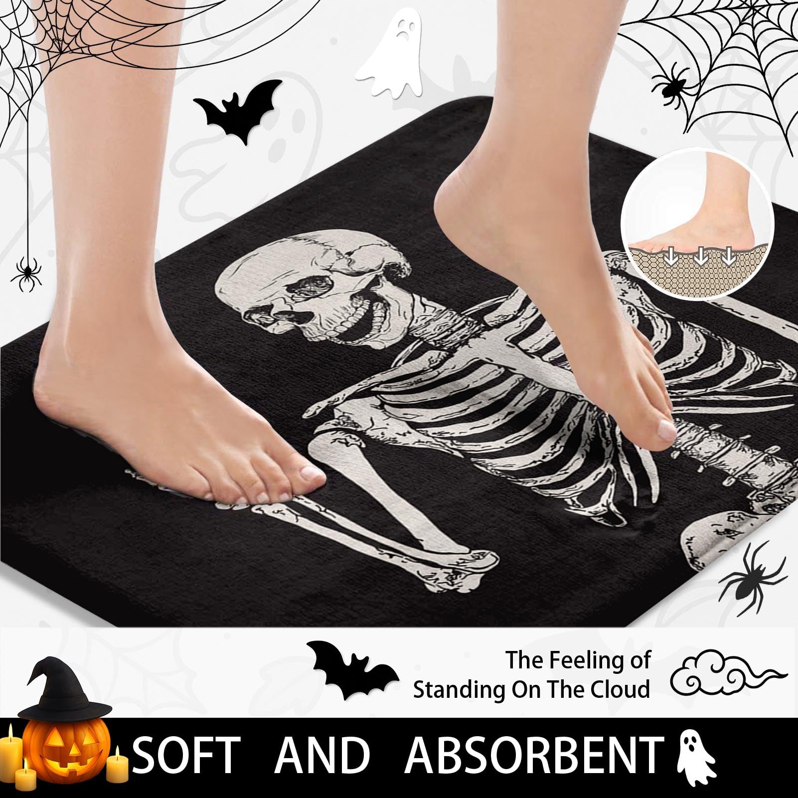 Juego de baño de esqueleto con cortina de ducha y alfombras, accesorios de calavera de roca de terror, retro, negro, cortina de ducha creativa para decoración de baño, 4 piezas 5
