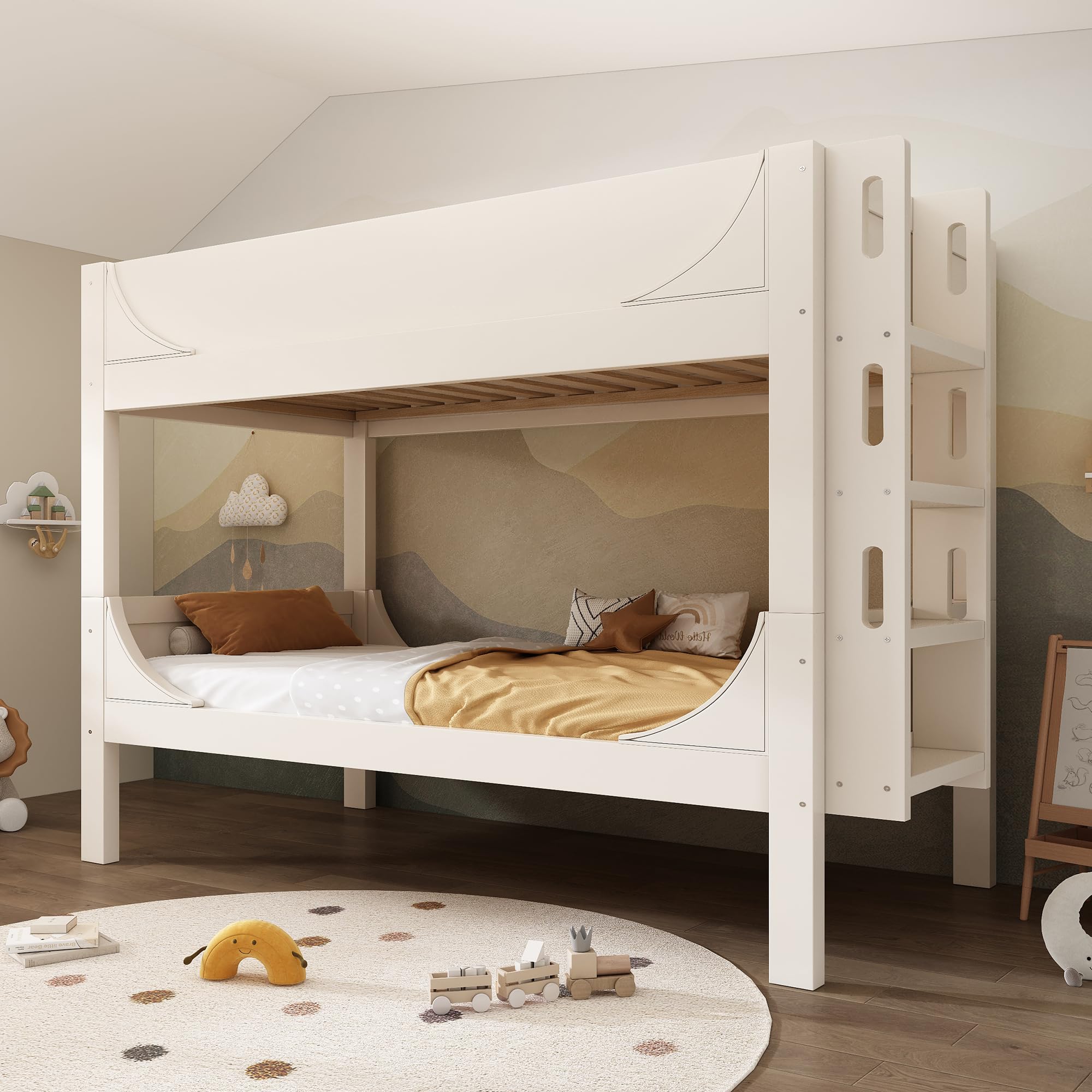 ModernLuxe Trennbares Etagenbett Hochbett 90x200, Kinder Etagenbett mit Leiter am Kopf-/Fußende,aus 1 Bett Werden 2 Einzelbetten, Massivholz, Weiß,ohne Matratze