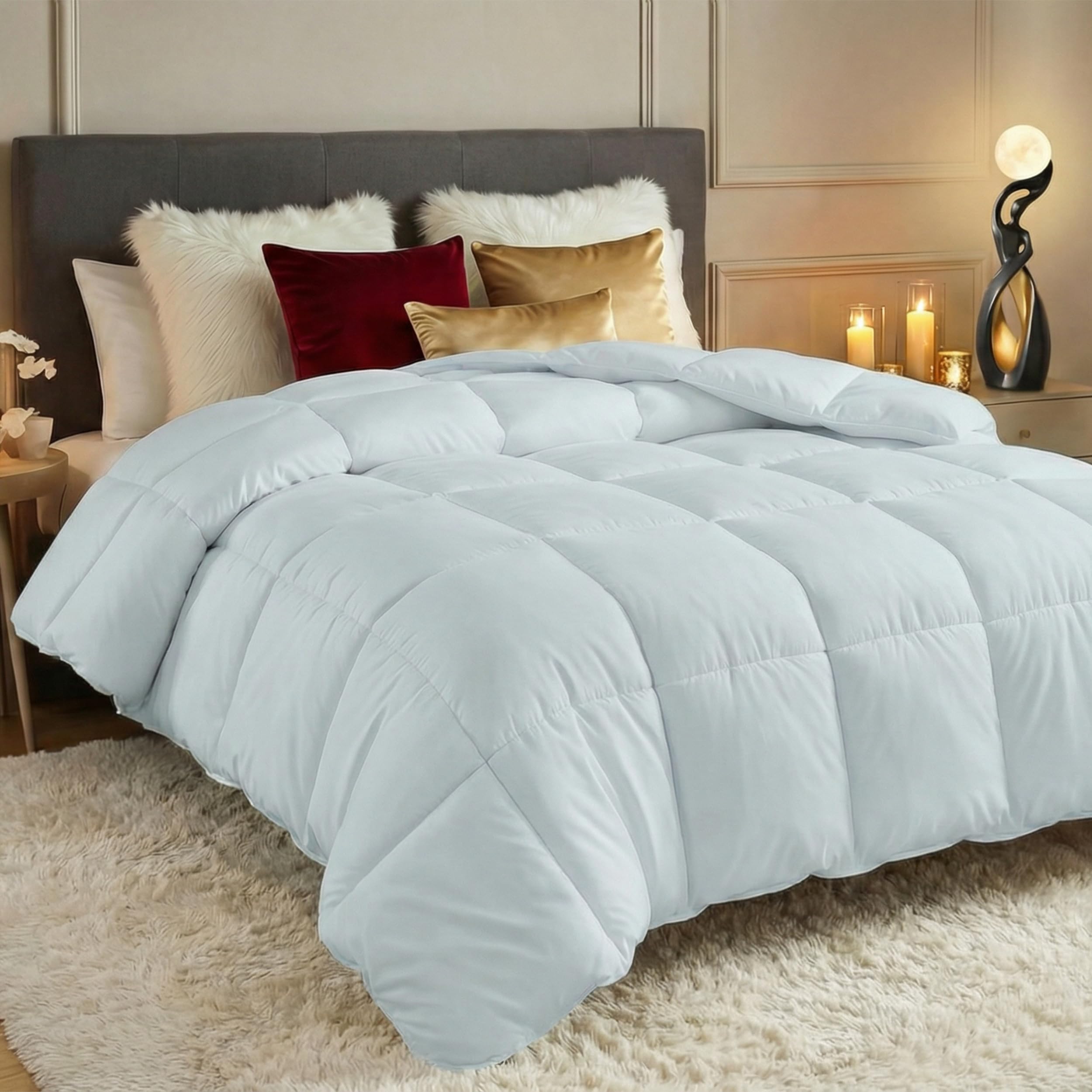Comforters Queen Size, All Season Duvet Insert, Down Alternative Box Stitched Bed Comforter with Corner Tabs, Machine Washable (Light Grey)