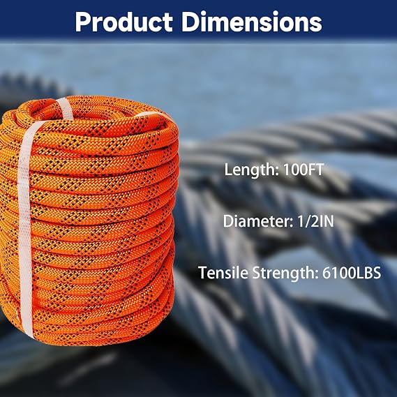 1/2 in Braid Polyester Rope 100 FT Arborist Rigging Rope for Camping Swings Arborist Gardening Marine