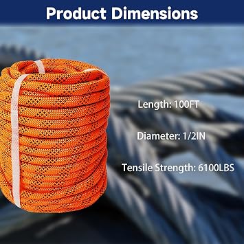1/2 in Braid Polyester Rope 100 FT Arborist Rigging Rope for Camping Swings Arborist Gardening Marine