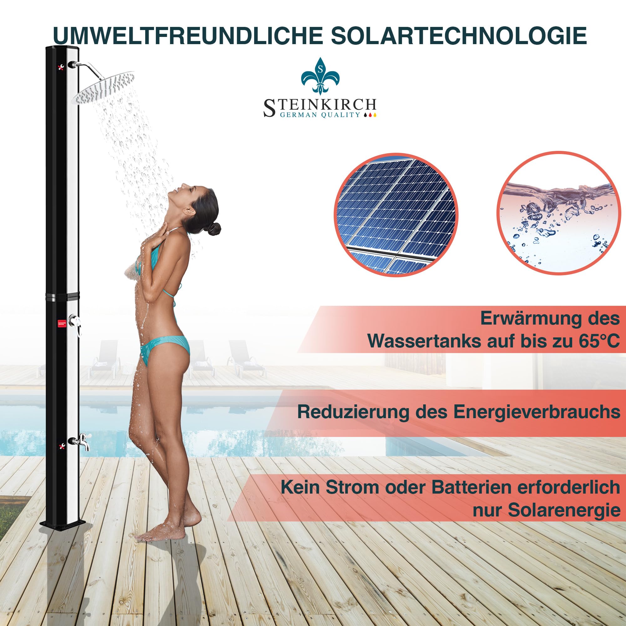 Solar Gartendusche 35L mit Edelstahl Duschkopf Ø 200 mm Pooldusche Campingdusche Außendusche mit Fußdusche und Einhebelmischarmatur Solardusche Garten Wassertemperatur bis 65°C