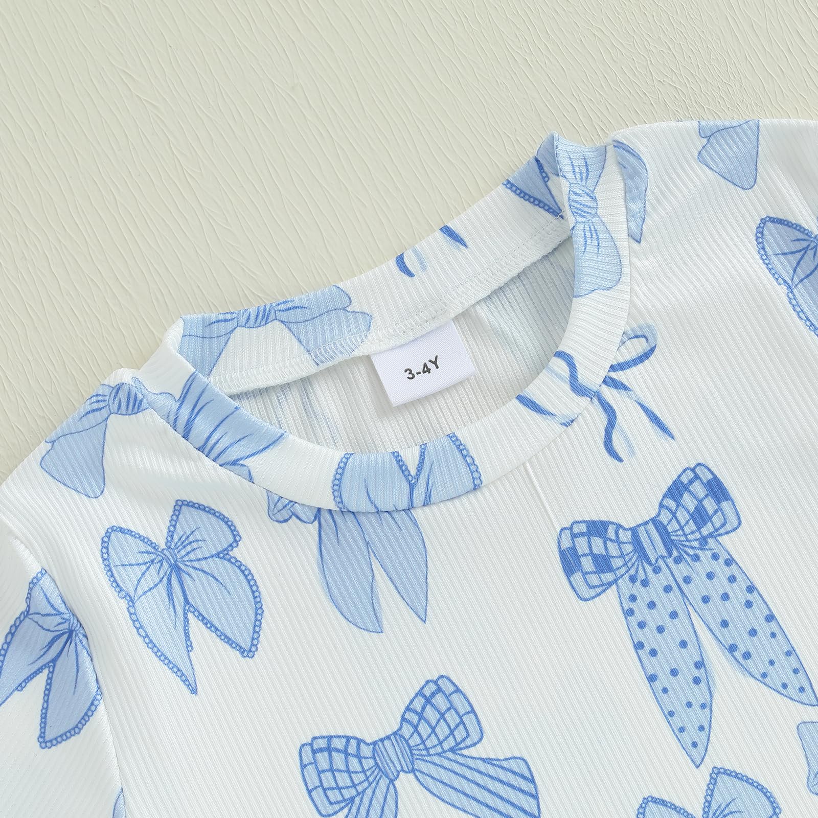 Lamuusaa Toddler Baby Girl Summer Clothes Short Sleeve T-shirt Bow Print Elastic Flared Pants 2Pcs Clothes Set 1-5T (Blue, 18-24 Months)