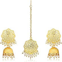 Obbi Oxidised Gold Plated Tika and Jhumka Set for Girls (Multicolour)