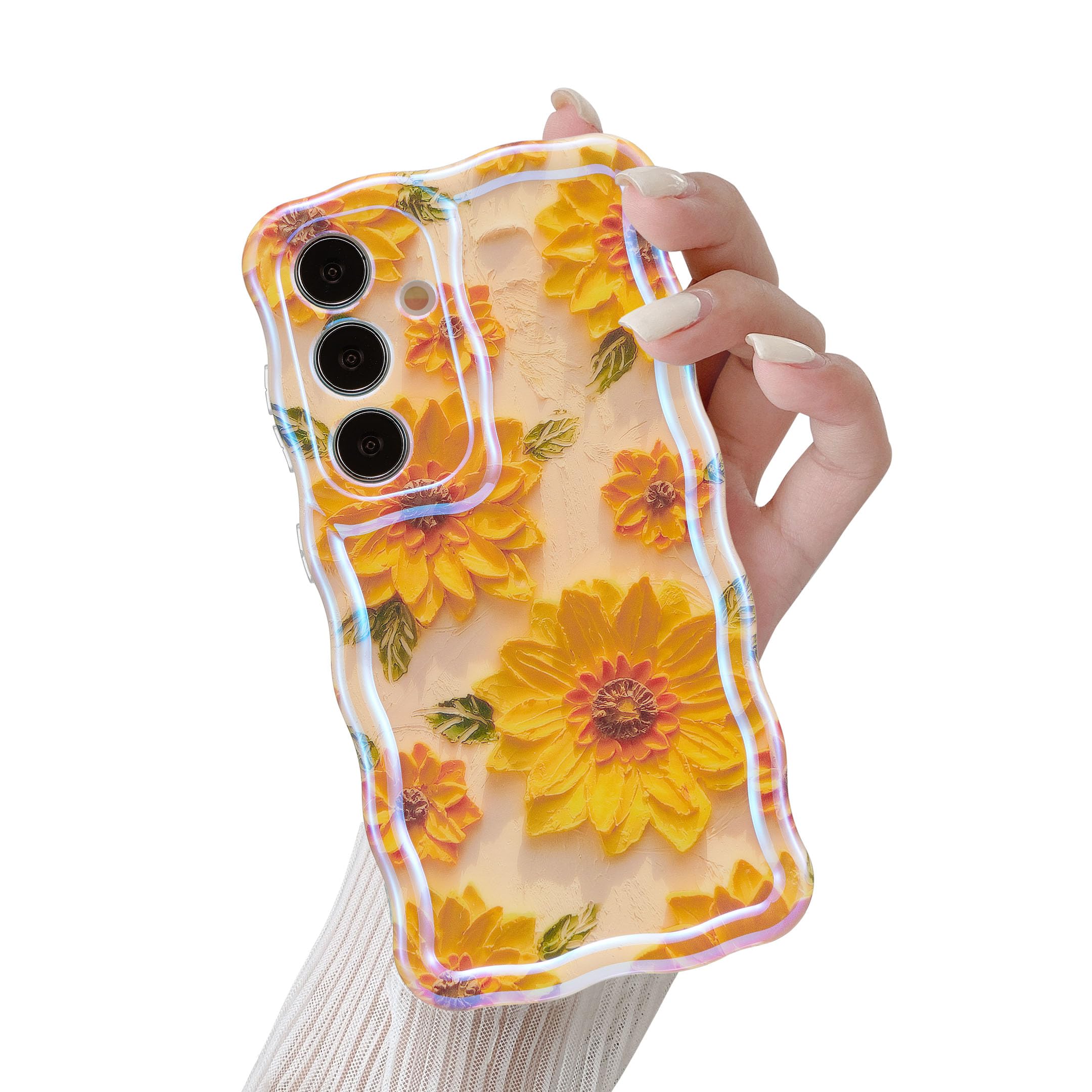 QLTYPRI Case for Samsung Galaxy S24 Plus, Laser Colorful Retro Oil Painting Flower Pattern Cute Curly Wave Frame Exquisite Phone Case for Girls Women,