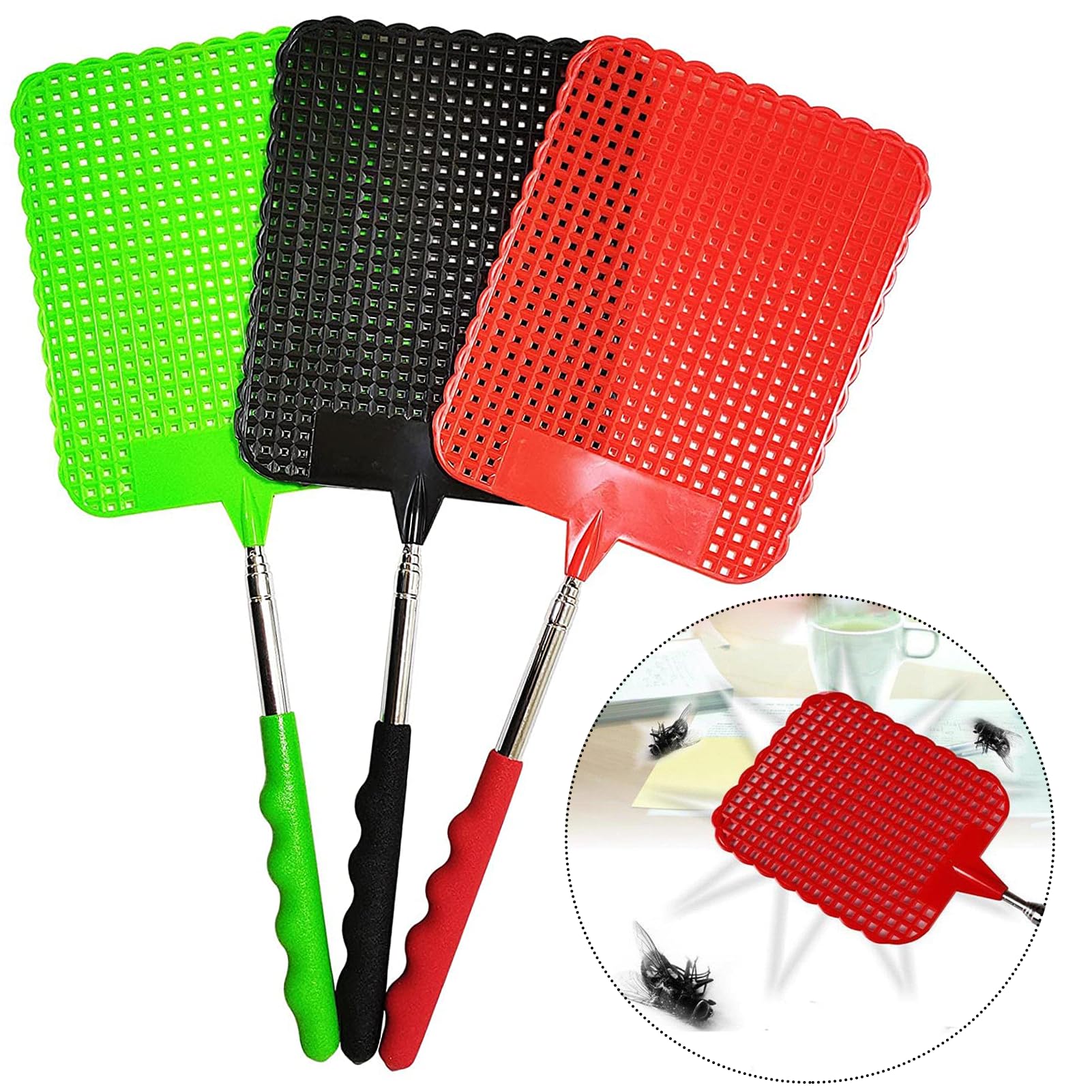Nuqin 3Pcs Adjustable Fly Swatters Extendable handle bur Swatter Design For Indoor and Outdoor Use Effective Against Mosquitoes Flies Spiders Moths Wasps Worms Crickets