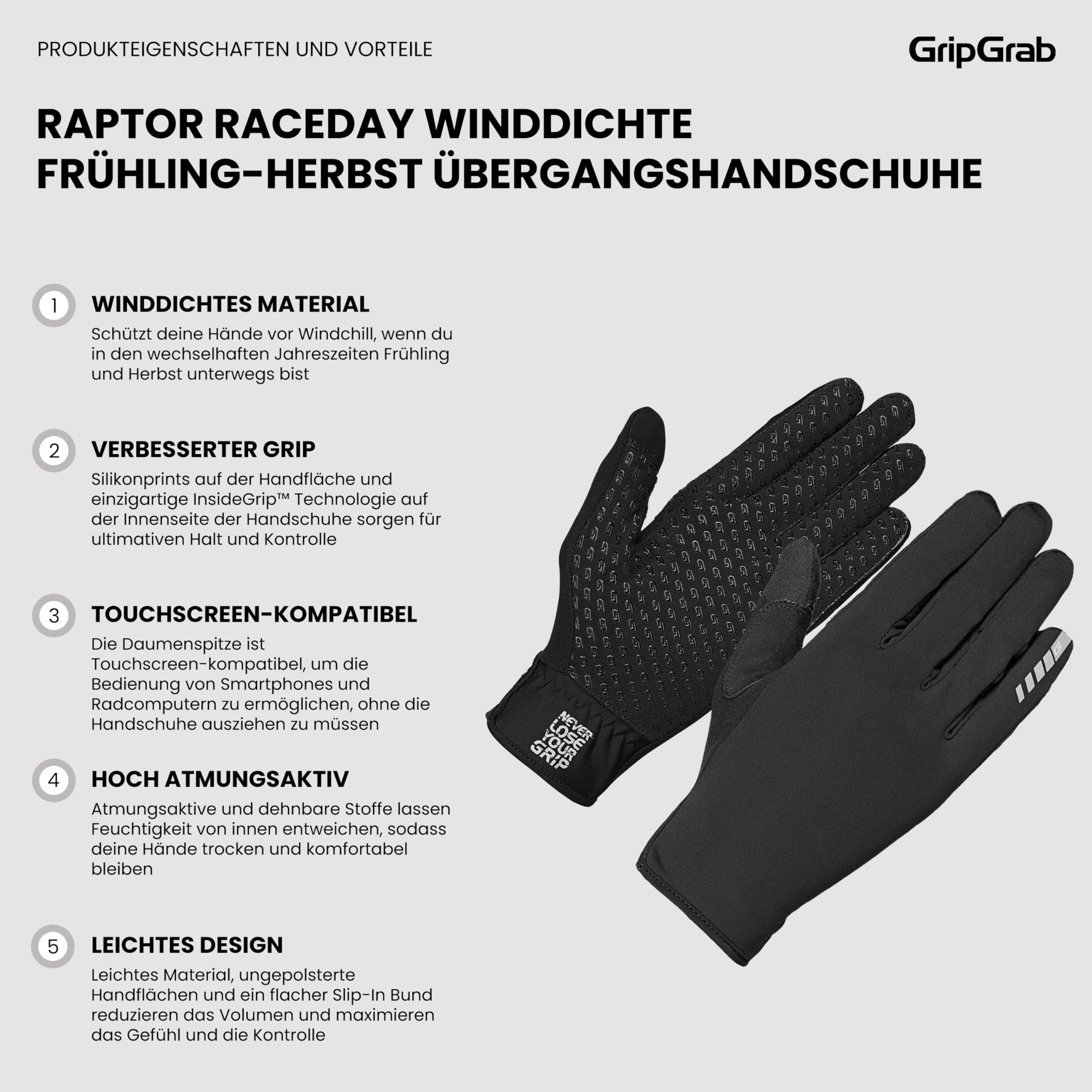 GripGrab Raptor Winddichte Fahrradhandschuhe - Ungepolstert, Langfinger | InsideGrip Silikon, touchscreenfähig - ideal für Gravel, MTB & Rennrad im Frühling & Herbst, ohne Polster
