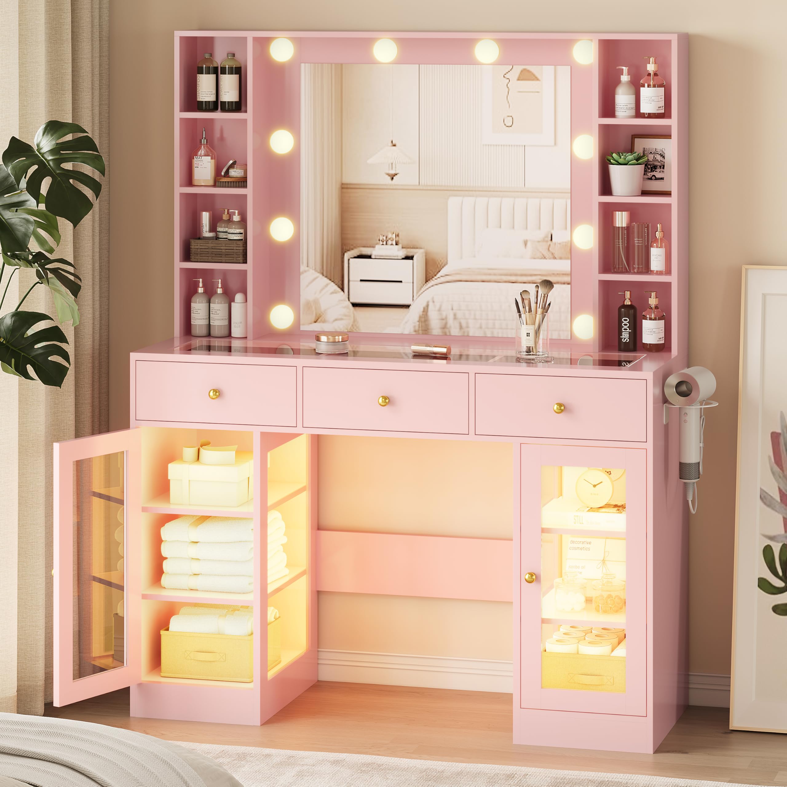 Makeup Vanity Desk with Mirror and Lights, Glass Top Vanity Table Set with Drawers & Power Outlet, Large Dressing Table with 3 Color Lighting Modes &