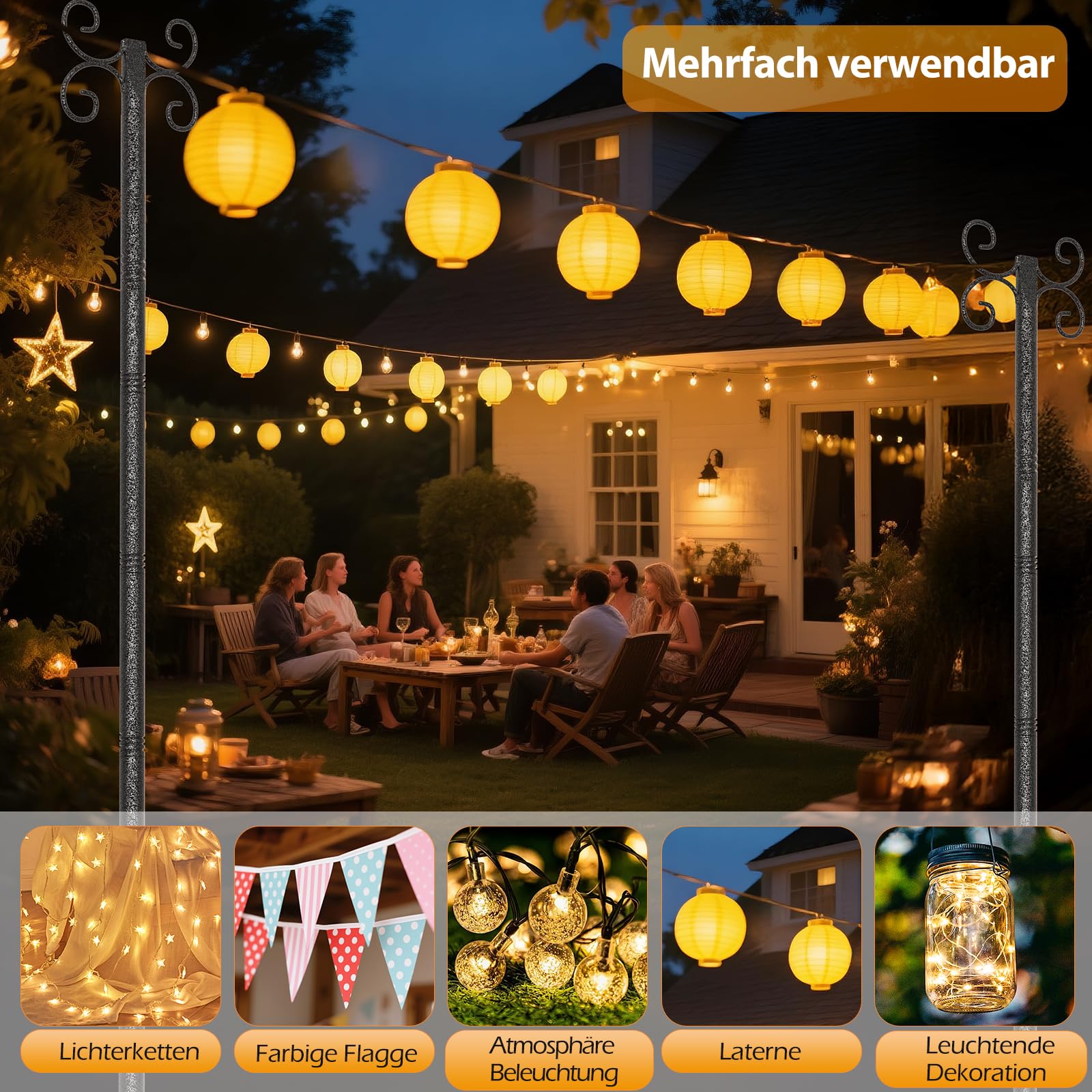 StarryEver Schäferhaken Garten Stangen mit 4-Haken, 2 Stück 3m Höhenverstellbar Heavy Duty Metall Gartenstecker mit Hammerfinish-Oberfläche,Laternenhalter für Laternen Solarleuchten Lichterkette