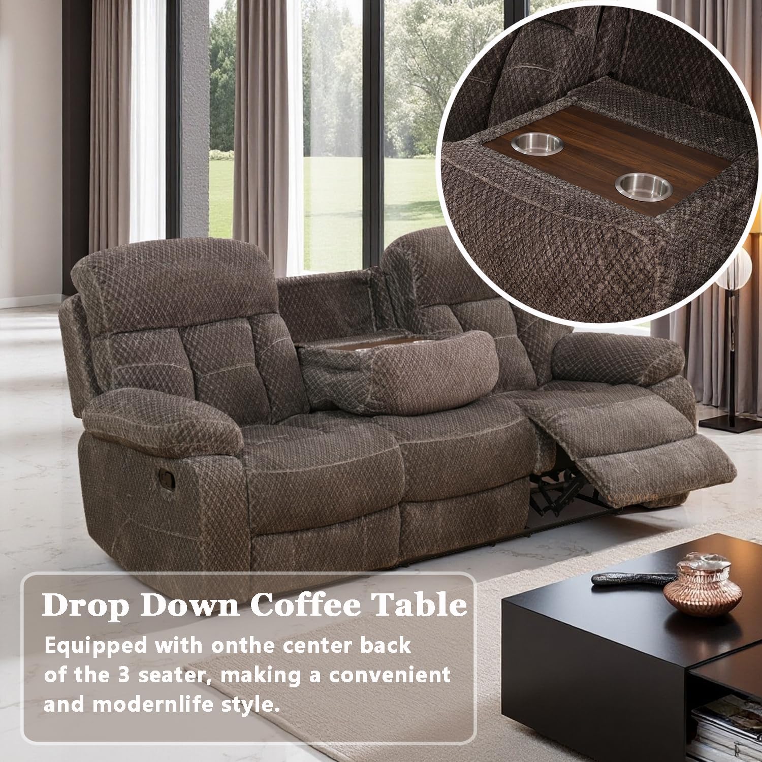 Fabric Manual Recliner Sofa Set with Drop-Down Table, 2 Pieces Living Room Furniture Sets, Microfiber Recliner Sofa Set with Storage, Modern Reclining Couch Loveseat for Living Room/Office